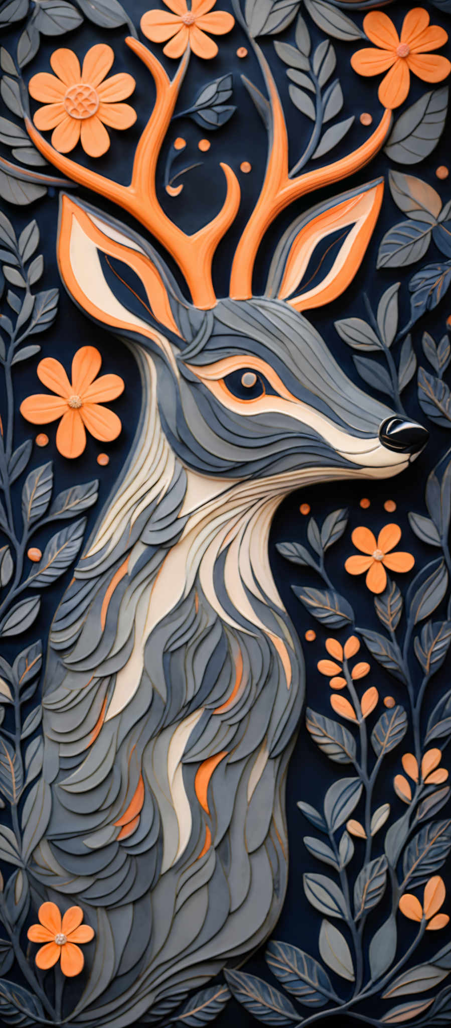 The image showcases a detailed and intricate depiction of a deer surrounded by floral patterns. The deer has a unique color palette with shades of blue, gray, and orange. The background is predominantly dark blue, adorned with orange flowers and green leaves. The patterns on the deer's body are layered and appear to be made of different materials, giving a three-dimensional effect.