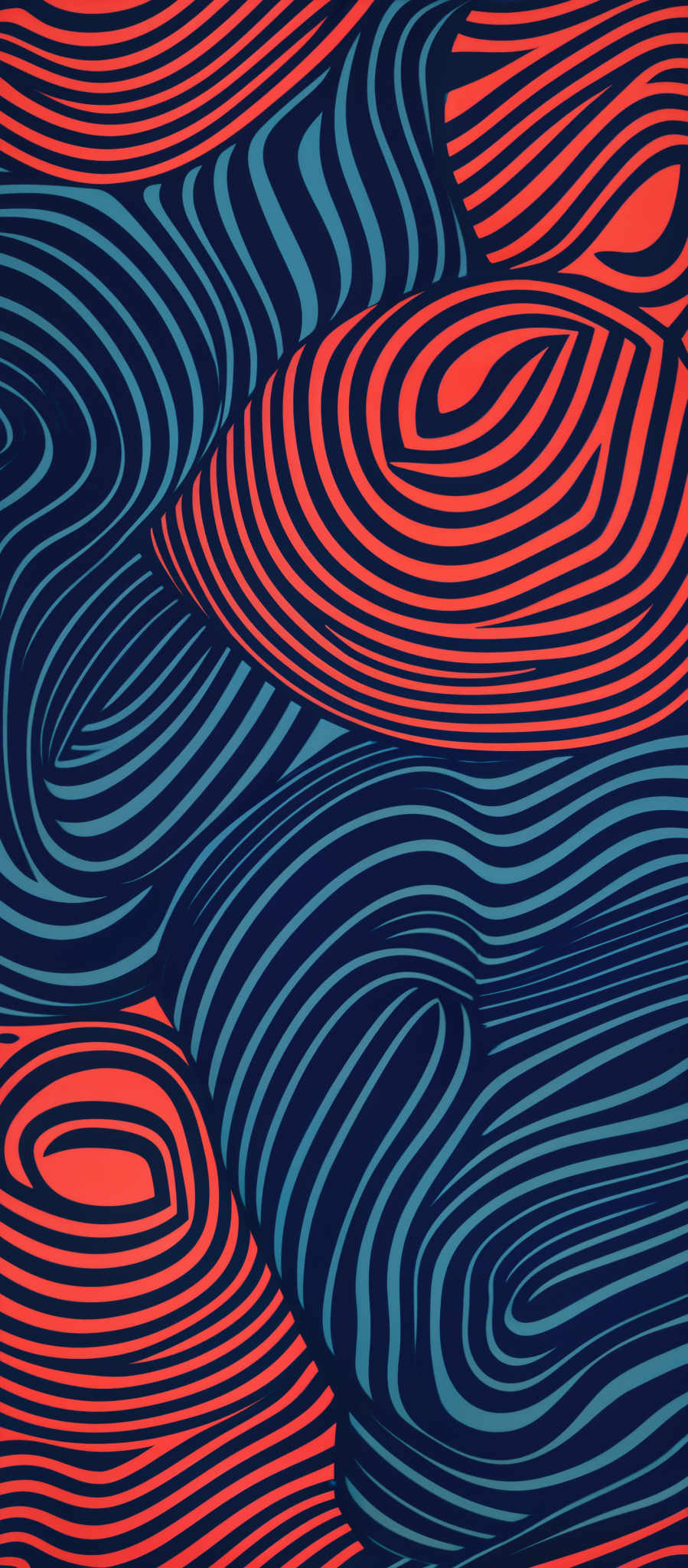 The image showcases a vibrant and intricate pattern with swirling lines. The dominant colors are shades of blue and orange. The swirls are wavy and appear to be intertwined, creating a mesmerizing effect. The design is abstract, with no discernible objects or figures, focusing solely on the interplay of colors and patterns.