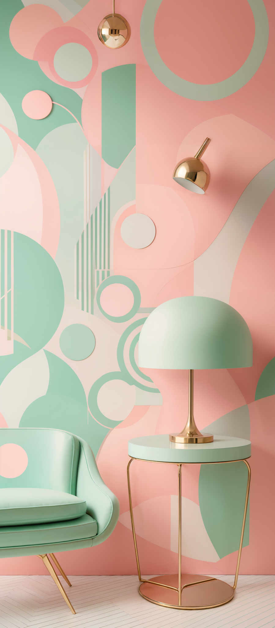 The image showcases a vibrant and colorful interior design. Dominating the background is a wall with an abstract geometric pattern in pastel shades of pink, teal, and white. The pattern consists of various shapes like circles, rectangles, and lines intermingling. In the foreground, there's a mint-green sofa with a unique design featuring circular cut-outs on its backrest. Adjacent to the sofa is a round table with a gold base and a mint green tabletop. The table is also adorned with a matching mint green lamp with a golden shade. Above the table, there are two hanging lamps with a similar design as the table lamp.