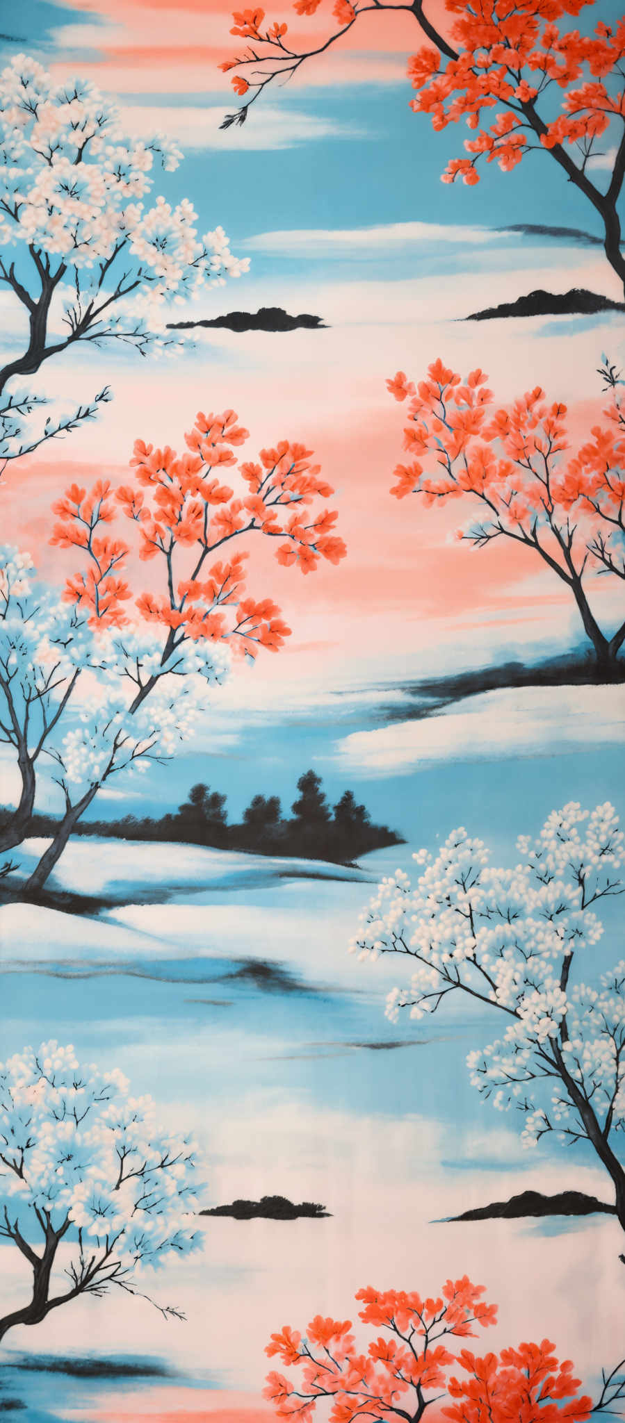 The image showcases a serene landscape with a gradient sky transitioning from a soft pink to a light blue. Dominating the scene are trees with branches that stretch outwards, some bearing clusters of white flowers while others are adorned with vibrant red blossoms. The trees are set against a backdrop of calm waters, and in the distance, there are small islands or landforms. The overall color palette is soft and harmonious, evoking feelings of tranquility.