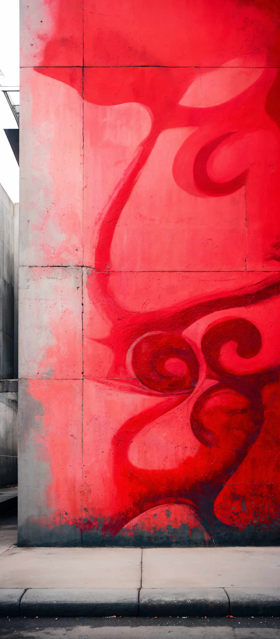 The image showcases a large, vibrant mural painted on a concrete wall. The dominant color is a deep shade of red, which forms abstract shapes and patterns. The shapes resemble fluid, swirling motifs, and they are painted in varying shades of red. The mural is set against a backdrop of a gray concrete wall with visible seams and cracks. To the left of the mural, there's a part of a building with a metallic structure, possibly a staircase or a balcony. The ground is paved with gray tiles, and there're some small debris or leaves scattered around.