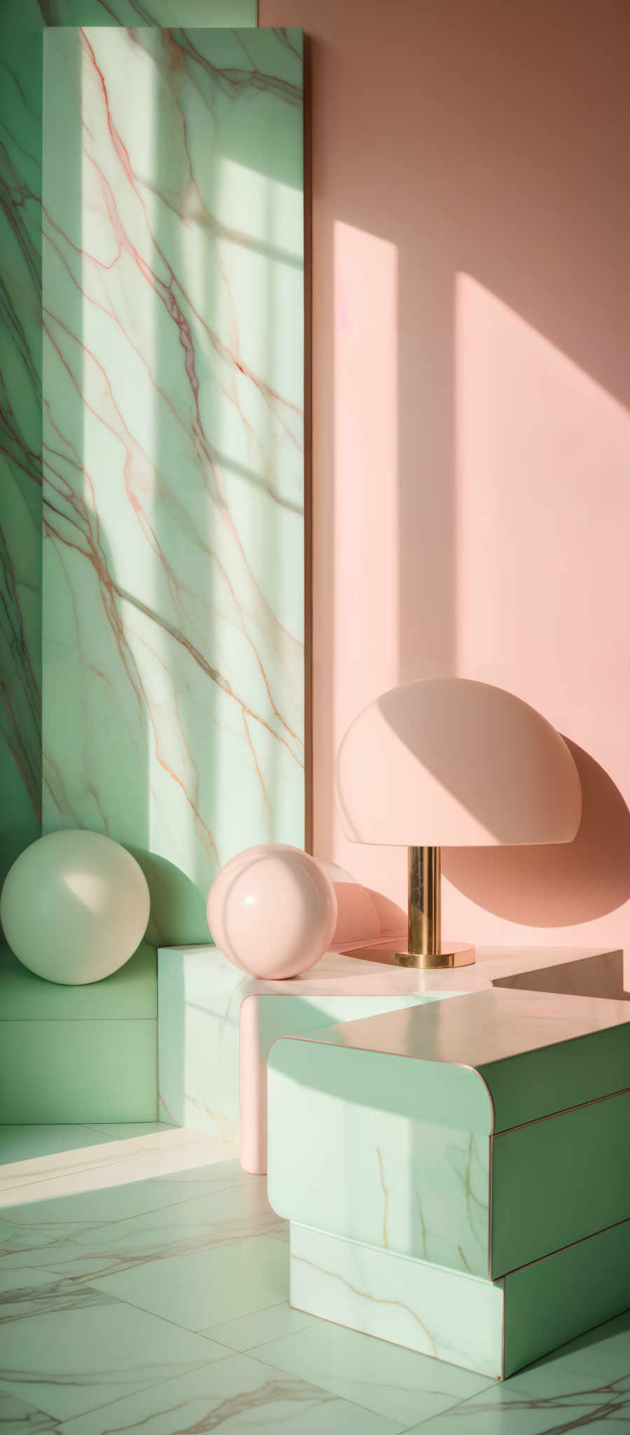 The image showcases a modern interior setting with a blend of pastel and bold colors. Dominating the scene are two large panels, one with a mint green hue and the other with a soft pink. The mint panel has a marbled pattern with streaks of gold, while the pink panel is plain. In front of these panels are three spherical objects of varying sizes. The largest is a pale pink, the middle one is a light green, and the smallest is a white. To the right, there's a table lamp with a white shade and a gold base. The floor is also adorned with a similar mint green marbled design, and there're shadows cast by the panels and objects, adding depth to the scene.