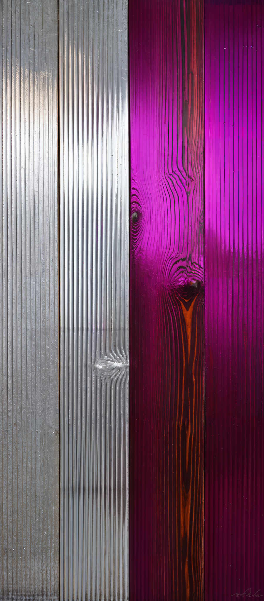 The image showcases a variety of textures and colors. On the left, there's a vertical striped pattern in silver, which appears to be made of metal or a similar material. In the center, there are two panels side by side. The left panel is a deep shade of purple with a wood grain texture, while the right panel is also purple but has a more reflective and shiny surface, possibly made of a polished material or glass.