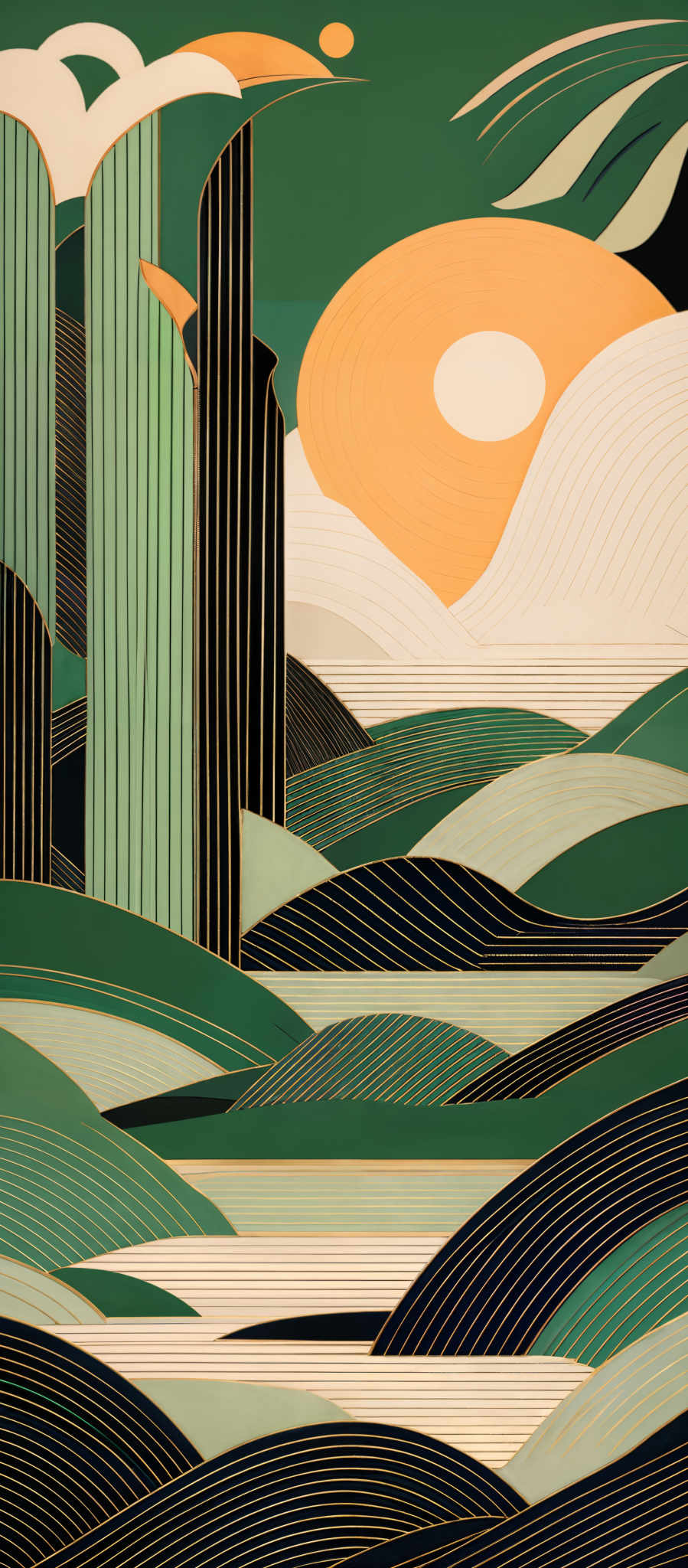 The image showcases a vibrant and abstract representation of a landscape. Dominated by shades of green, it features tall, slender, vertical structures that resemble trees or towers. These structures are set against a backdrop of a large, circular, golden-yellow sun or moon. The foreground consists of undulating, wavy patterns in various shades, possibly representing water or hills. The overall composition is a harmonious blend of geometric shapes and organic forms, evoking a sense of serenity and balance.