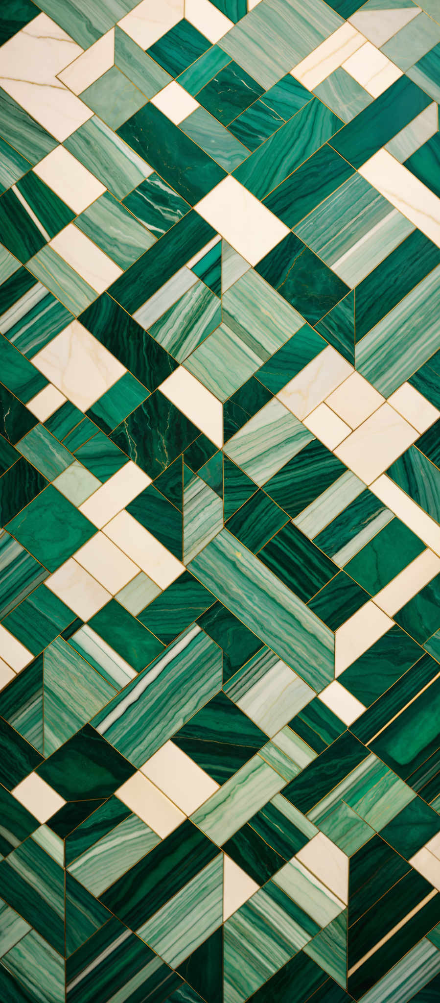 The image showcases a pattern of interlocking geometric shapes, predominantly in shades of green and white. The shapes are reminiscent of diamonds or rhombuses, and they are arranged in a way that creates a mosaic effect. The green shades vary in tone and saturation, from light to dark, and are interspersed with white spaces. The gold lines that connect the diamonds add a touch of elegance and contrast to the overall design.