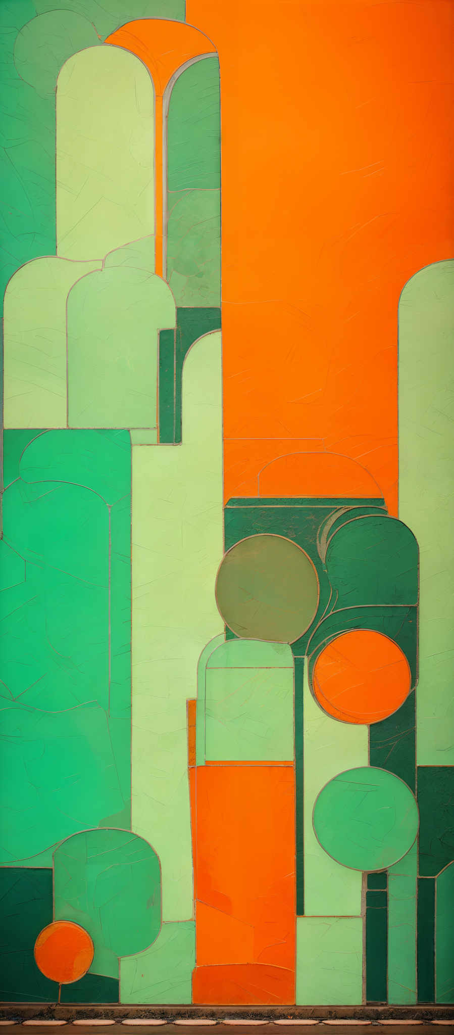 The image showcases an abstract artwork with a combination of geometric shapes and vibrant colors. Dominant colors include shades of green, orange, and white. The shapes are reminiscent of architectural structures, with overlapping rectangles, arches, and circles. The artwork has a textured appearance, with visible brush strokes and a layered effect, giving it depth and dimension.