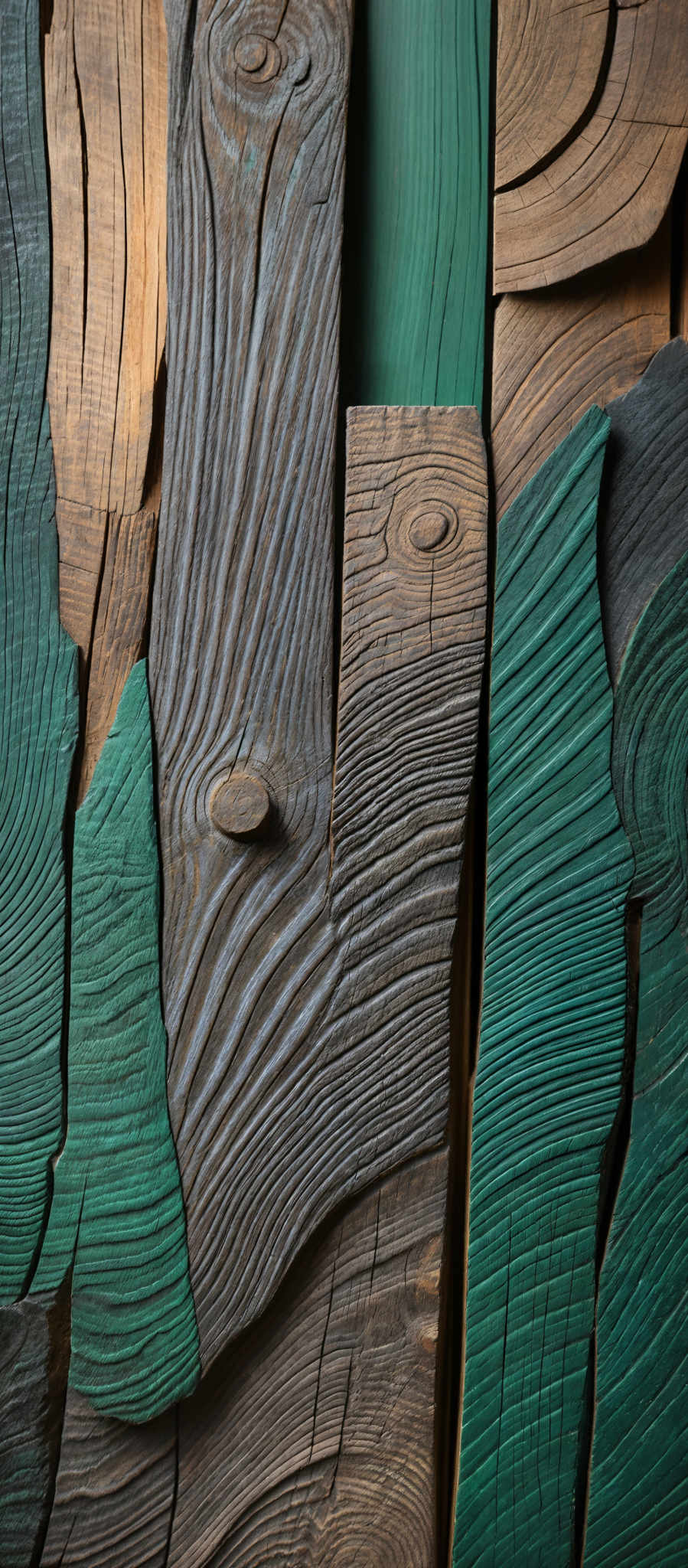 The image showcases a collection of wooden planks arranged in an artistic manner. The wooden plates exhibit a rich texture with distinct grain patterns and natural imperfections. The color palette consists of varying shades of brown, ranging from deep, almost black, to lighter, tan hues. There are also sections of the wood painted in a vibrant shade of green. The shapes are irregular, with some planks appearing elongated, while others are more rectangular. Overall, the image presents a beautiful juxtaposition of natural wood and painted elements, creating a visually captivating composition.