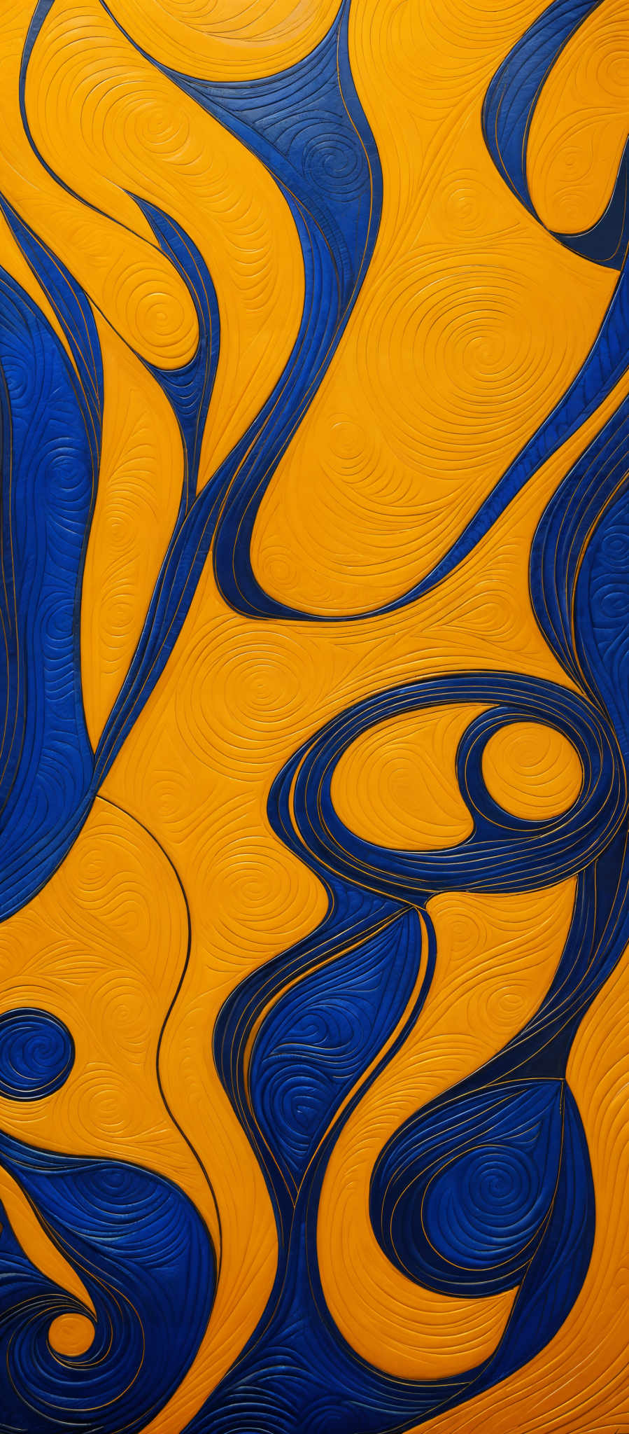 The image showcases a vibrant and intricate design with predominant colors of blue and yellow. The blue forms fluid, wavy patterns that intertwine with the yellow, creating a sense of movement and flow. The design is detailed with swirling and curving lines, giving it a topographical or abstract feel. The overall composition is dynamic, with the blue and gold contrasting beautifully against each other, creating depth and visual interest.