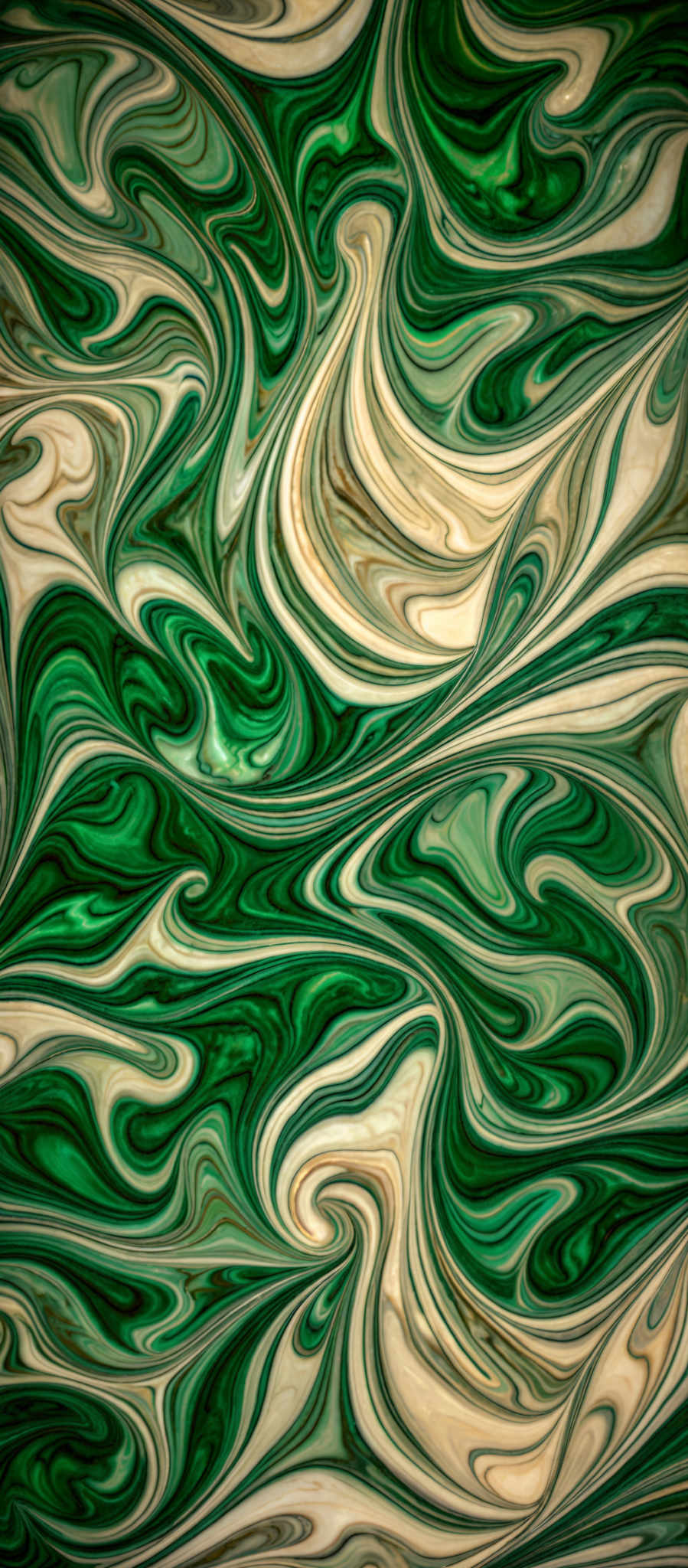 The image showcases a vibrant and intricate marbling pattern. It predominantly features shades of green, white, and beige. The swirls and patterns are reminiscent of fluid art, where colors are poured and swirled together to create abstract designs. The shapes are fluid and wavy, with the green and beiges creating a contrast against the white background.