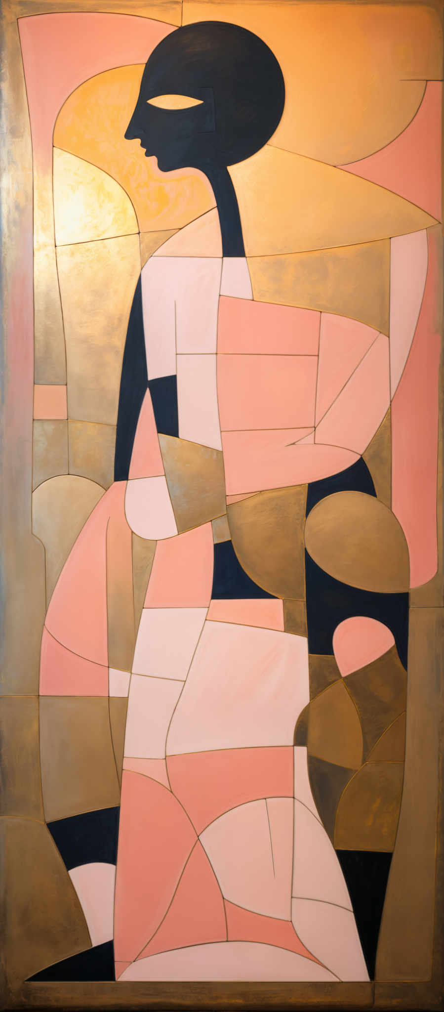 The image showcases an abstract artwork with a predominantly muted color palette. The primary colors include shades of pink, beige, black, and gold. The artwork features geometric shapes, predominant among which are rectangles, circles, and angular forms. The central figure appears to be a stylized human profile, with a dark silhouette set against a golden background. The figure is surrounded by fragmented geometric shapes and patterns, creating a sense of depth and movement.