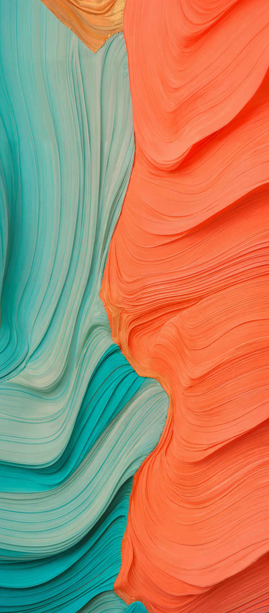 The image showcases a vibrant and intricate pattern of layered, wavy lines. The colors range from a soft teal to a fiery orange-red. The patterns resemble flowing water or sand dunes, with the teal representing cooler, serene waters and the orange-Red symbolizing warmer, passionate waves. The swirling patterns create a sense of movement and fluidity, as if the colors are in a constant dance.