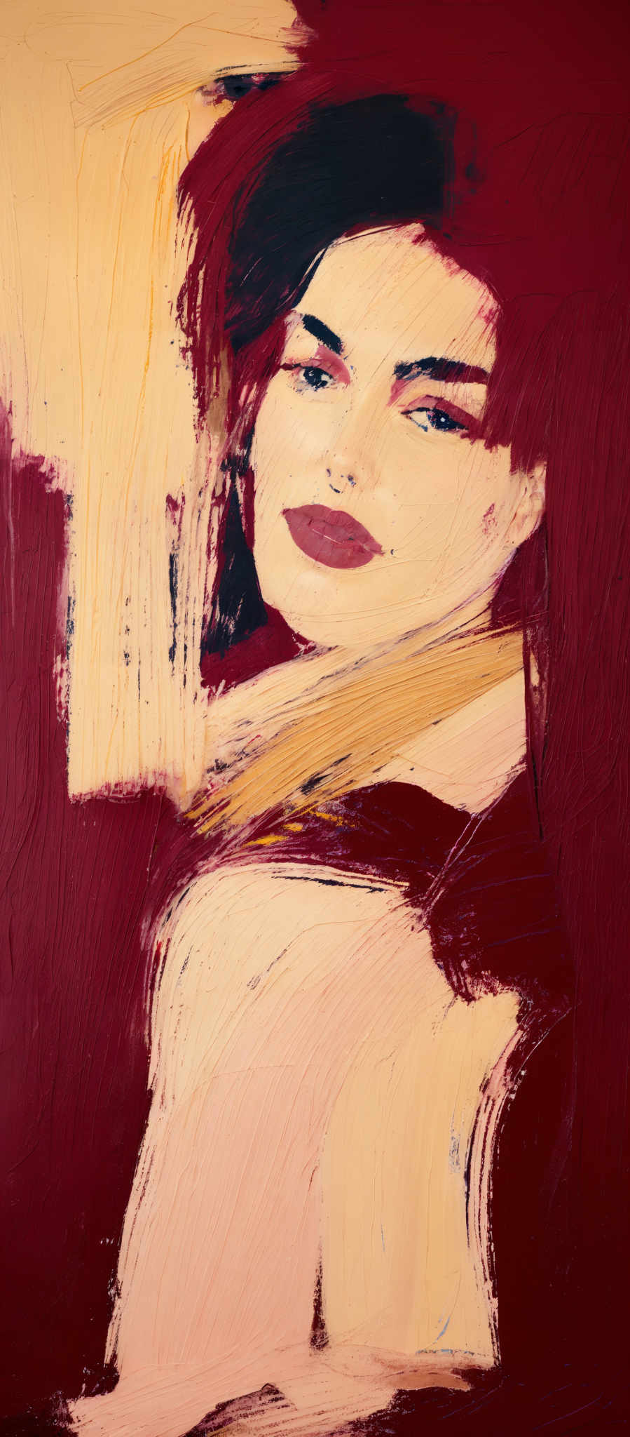 The image showcases a portrait of a woman painted with bold and vibrant colors. The dominant colors include deep reds, creams, and yellows. The woman's face is painted with a mix of these colors, with her eyes being a striking shade of blue. Her lips are painted in a deep red hue. The background consists of abstract brush strokes in red, yellow, and cream, giving the painting a textured and layered appearance.