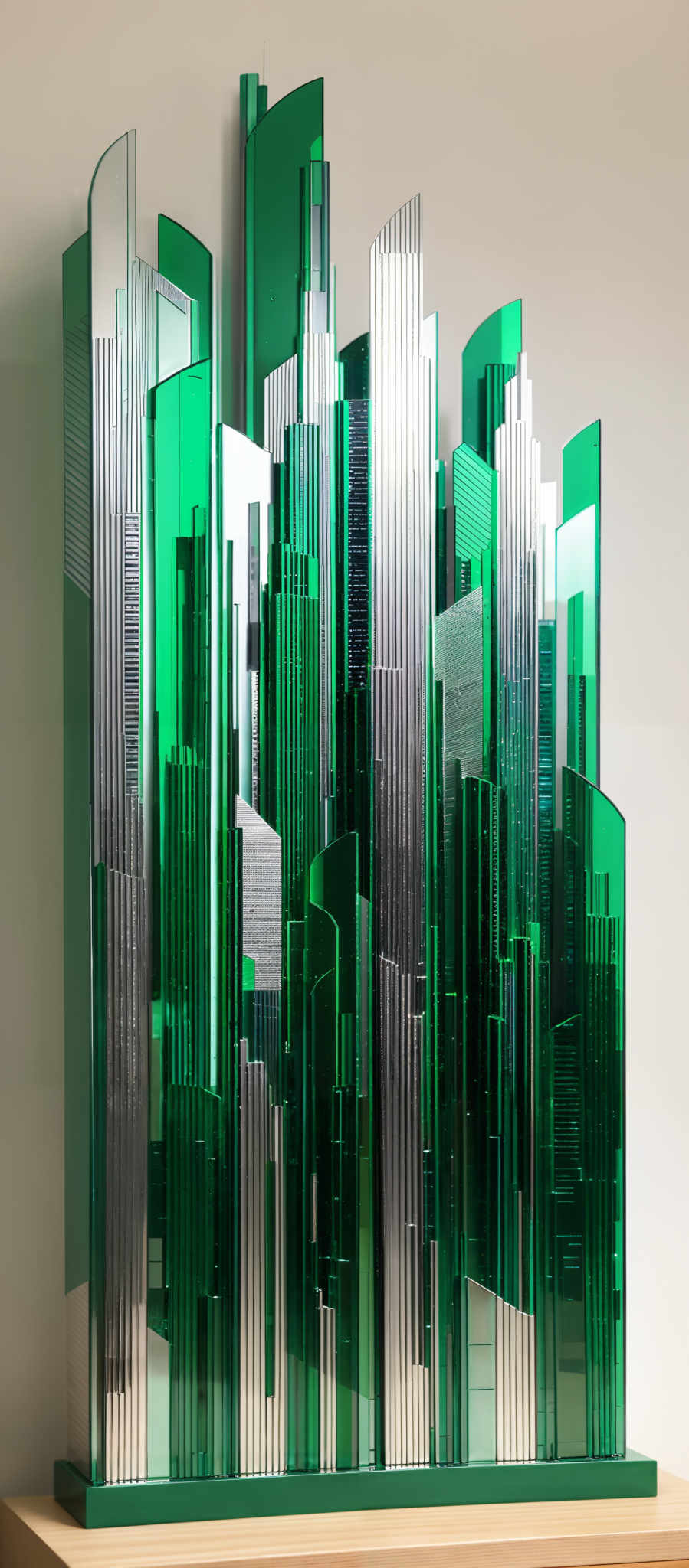 The image showcases a three-dimensional artwork or sculpture. It predominantly features shades of green and silver. The artwork is composed of multiple vertical and diagonal rectangular and cylindrical structures, giving it the appearance of a modern city skyline. The structures vary in height and thickness, with some having intricate patterns and designs on them. The entire piece is mounted on a wooden surface, and the background is a plain white wall.