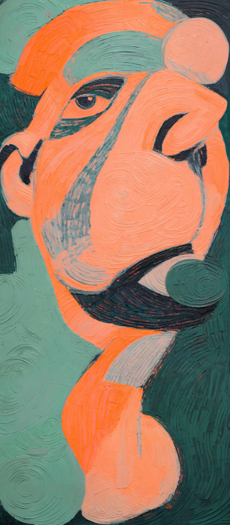 The image showcases an abstract painting of a face. The dominant colors are shades of orange, green, and black. The face is depicted with exaggerated features, such as a large eye, a pronounced nose, and a distinct mouth. The background consists of swirling patterns in green, while the face itself is painted with thick, textured brush strokes.