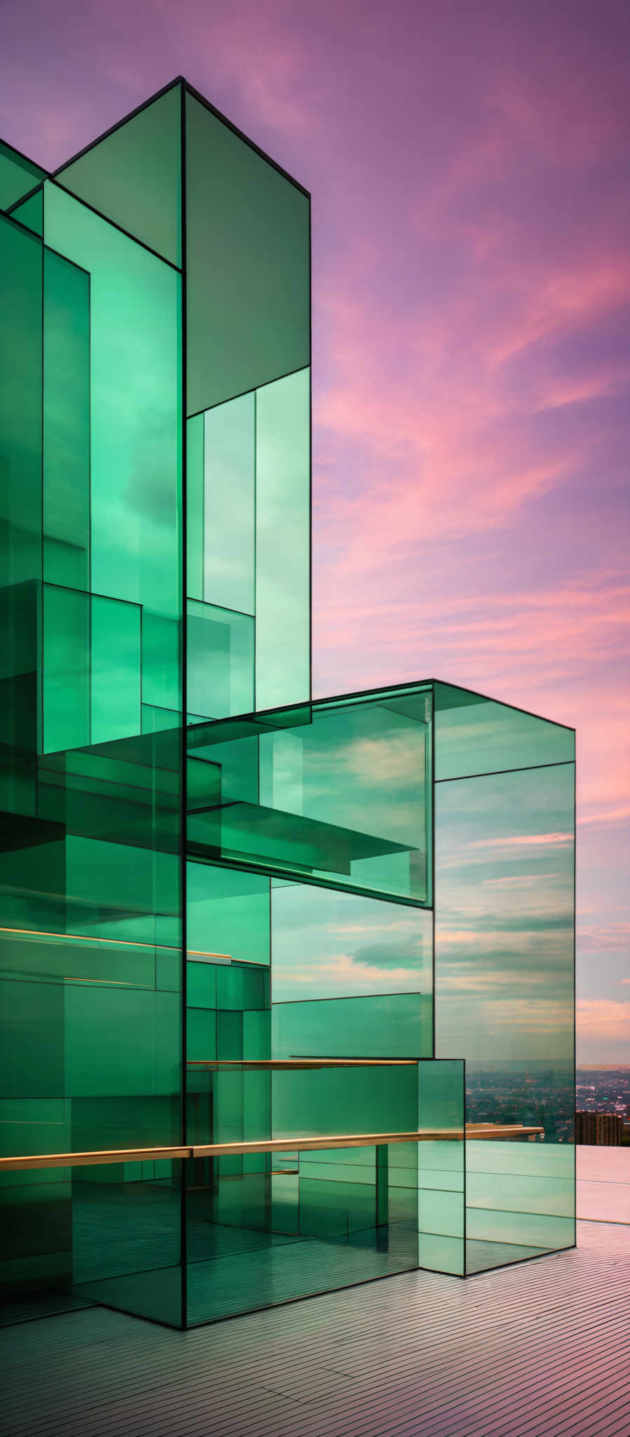 The image showcases a modern architectural structure made up of multiple transparent glass panels. These panels are arranged in various shapes and sizes, creating an intricate and abstract design. The color palette of the image is dominated by shades of blue and green from the glass, complemented by the warm hues of pink, purple, and orange from the sky in the background. The sky appears to be during sunset or sunrise, casting a soft glow on the entire scene.