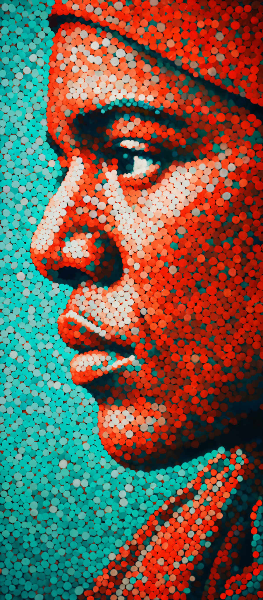 The image showcases a side profile of a face, predominantly in shades of orange and turquoise. The face is composed of numerous small, circular elements that are arranged in a mosaic pattern. These elements vary in size and shade, creating a vibrant and dynamic visual effect. The background is a solid turqu blue, which contrasts with the colorful mosaiced face, making it stand out prominently.