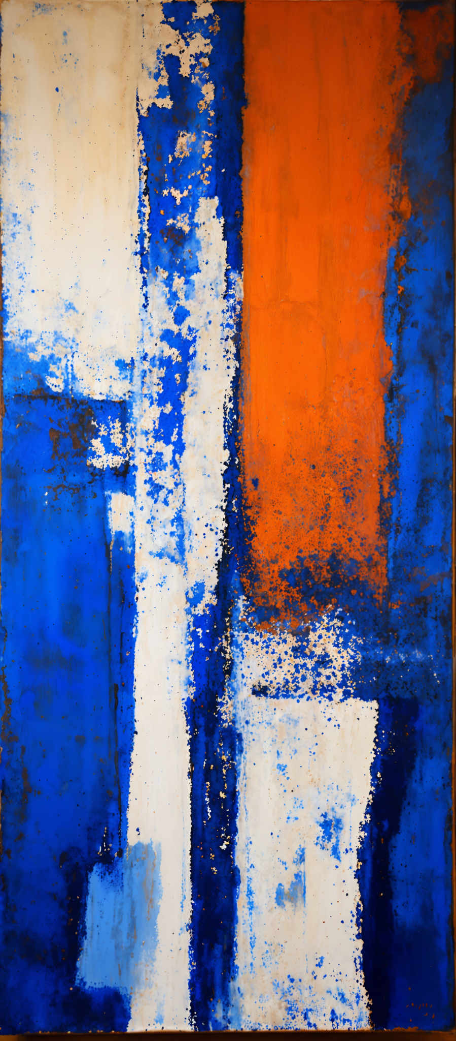 The image showcases an abstract painting with predominant shades of blue, white, and orange. The blue forms large rectangular blocks, interspersed with vertical and horizontal strokes. The white appears as patches, especially in the center and towards the bottom. The orange forms a vertical stripe in the middle of the painting. The overall texture of the artwork seems rough, with brush strokes that are visible, giving it a tactile and dynamic feel.