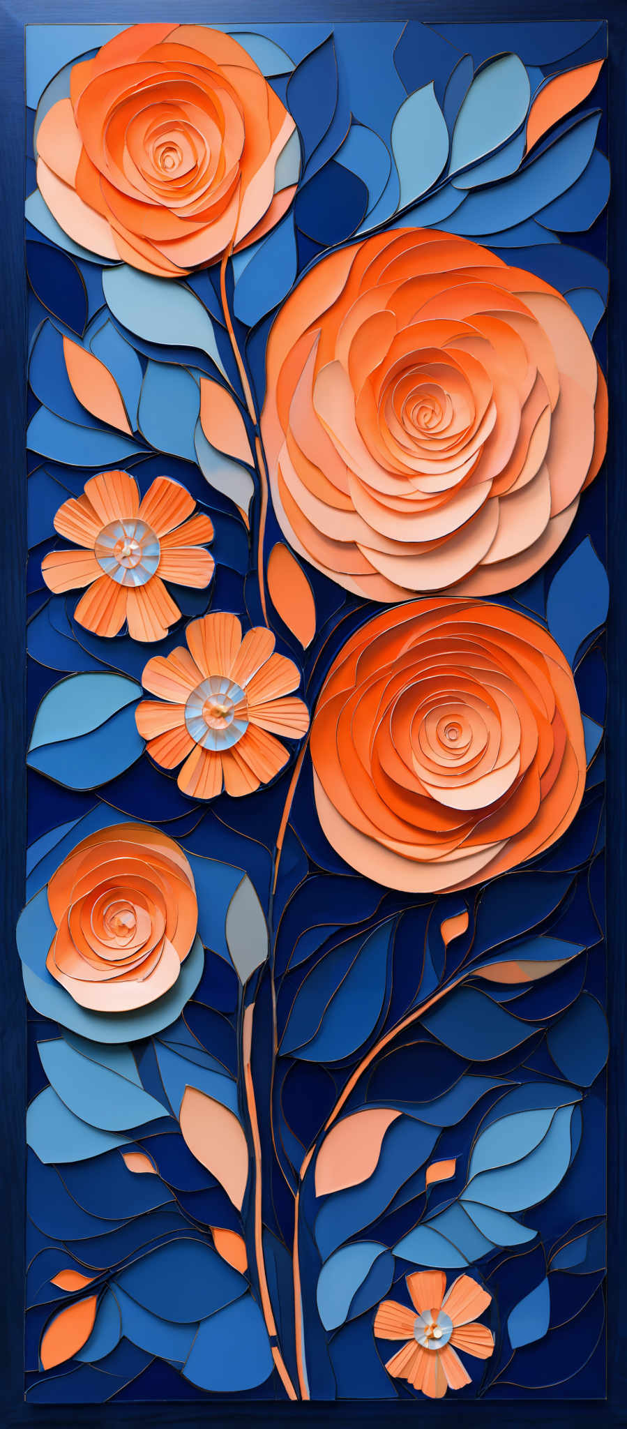 The image showcases a beautifully crafted artwork of flowers and leaves. The dominant colors are shades of blue, orange, and peach. The flowers are intricately designed with swirling patterns, showcasing a gradient of orange to peach, with the center being a lighter shade. The leaves are depicted in varying shades and sizes, with some having a glossy finish, suggesting they might be made of a reflective material. The overall composition gives a sense of depth and dimension, making the artwork appear three-dimensional.