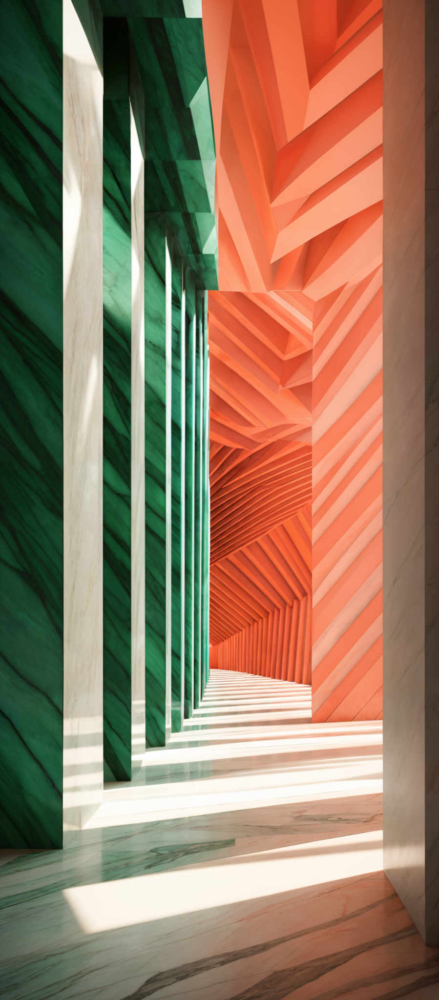 The image showcases a modern architectural space with a unique design. The dominant colors are shades of green, orange, and white. The green is represented by tall, slender columns with a marbled texture, while the orange is seen in the form of layered, rippled walls that seem to recede into the distance. The white is present in the ceiling and the floor, which has a marble pattern. The play of light and shadow creates a dynamic visual effect, emphasizing the depth and dimension of the space.