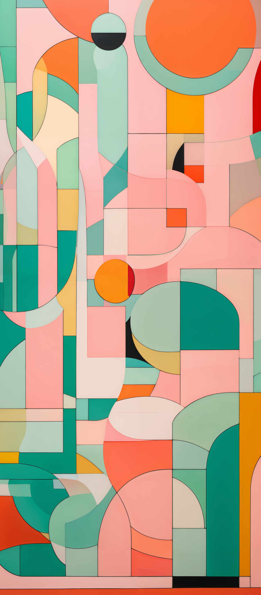 The image showcases an abstract artwork with a myriad of geometric shapes and overlapping rectangles, squares, and curves. The predominant colors are shades of pink, teal, orange, and white. The shapes are interconnected, creating a sense of depth and movement. The artwork seems to be a playful exploration of form and color, evoking feelings of harmony and rhythm.