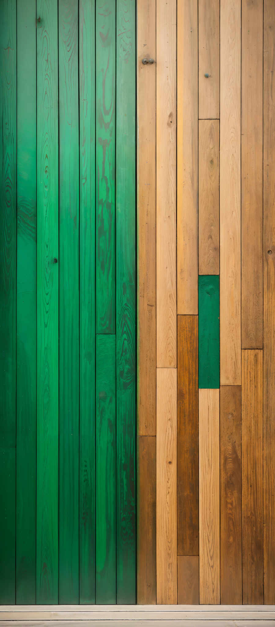 The image showcases a wooden wall with vertical planks. The left side of the wall is painted in a vibrant green color, while the right side is made up of natural wooden planks with varying shades of brown. There are a few wooden panels on the right that are painted in the same green color as the left side, creating a contrast between the two sections.