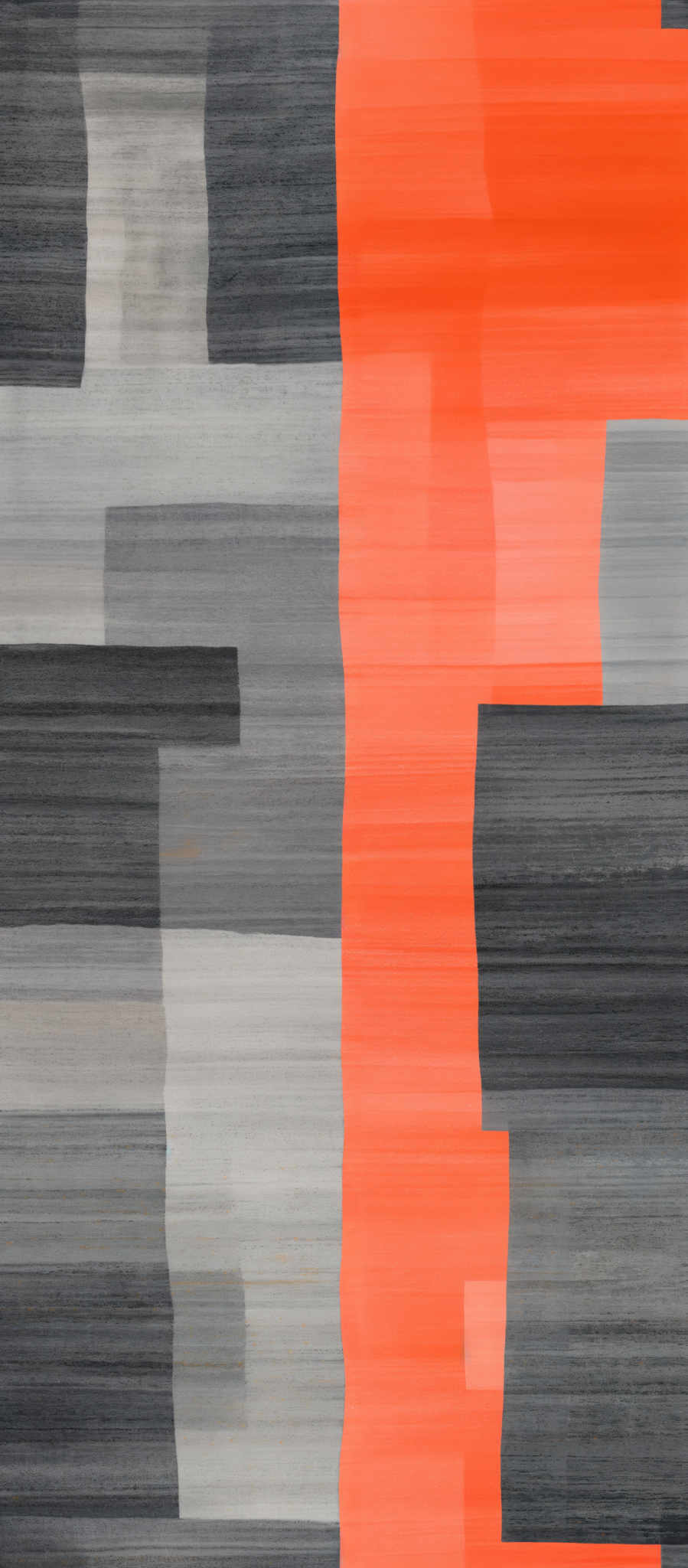 The image showcases an abstract artwork with a predominant use of grayscale tones. The artwork is divided into two main sections. On the left side, there are rectangular shapes with varying shades of gray, interspersed with lighter and darker tones, creating a sense of depth and dimension. On this side, the color palette is primarily gray with hints of white. On its right side, a bold, vibrant orange color dominates, contrasting sharply with the grayscale of the left. This section consists of rectangular and square shapes, with the orange color giving a sense warmth and energy to the artwork.