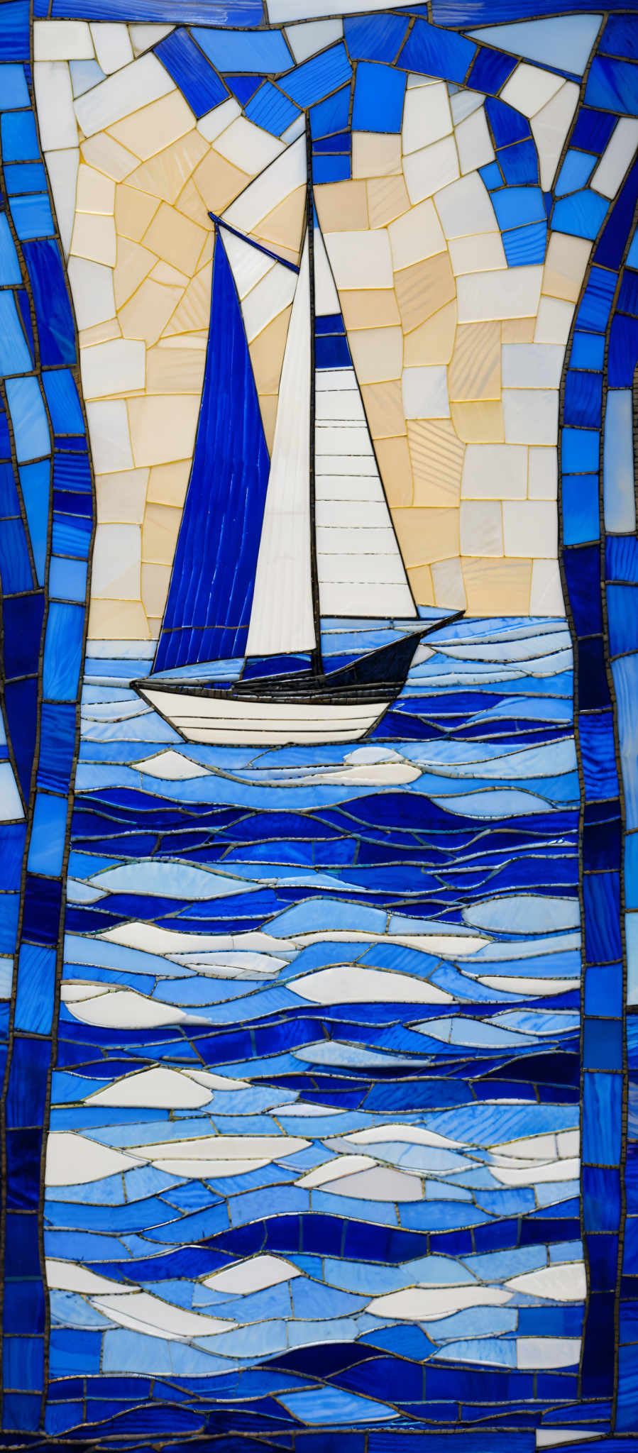 The image showcases a mosaic artwork. It predominantly features shades of blue, white, and a touch of yellow. The central theme is a sailboat, which is depicted with its sails unfurled, gliding over wavy blue waters. The sky above the boat is represented in shades ranging from light yellow to deep blue, suggesting either a sunrise or sunset. The sailboats' sails are white, contrasting beautifully with the blue waters and sky. The entire artwork is composed of various geometric shapes, each meticulously placed to create a cohesive and visually appealing scene.