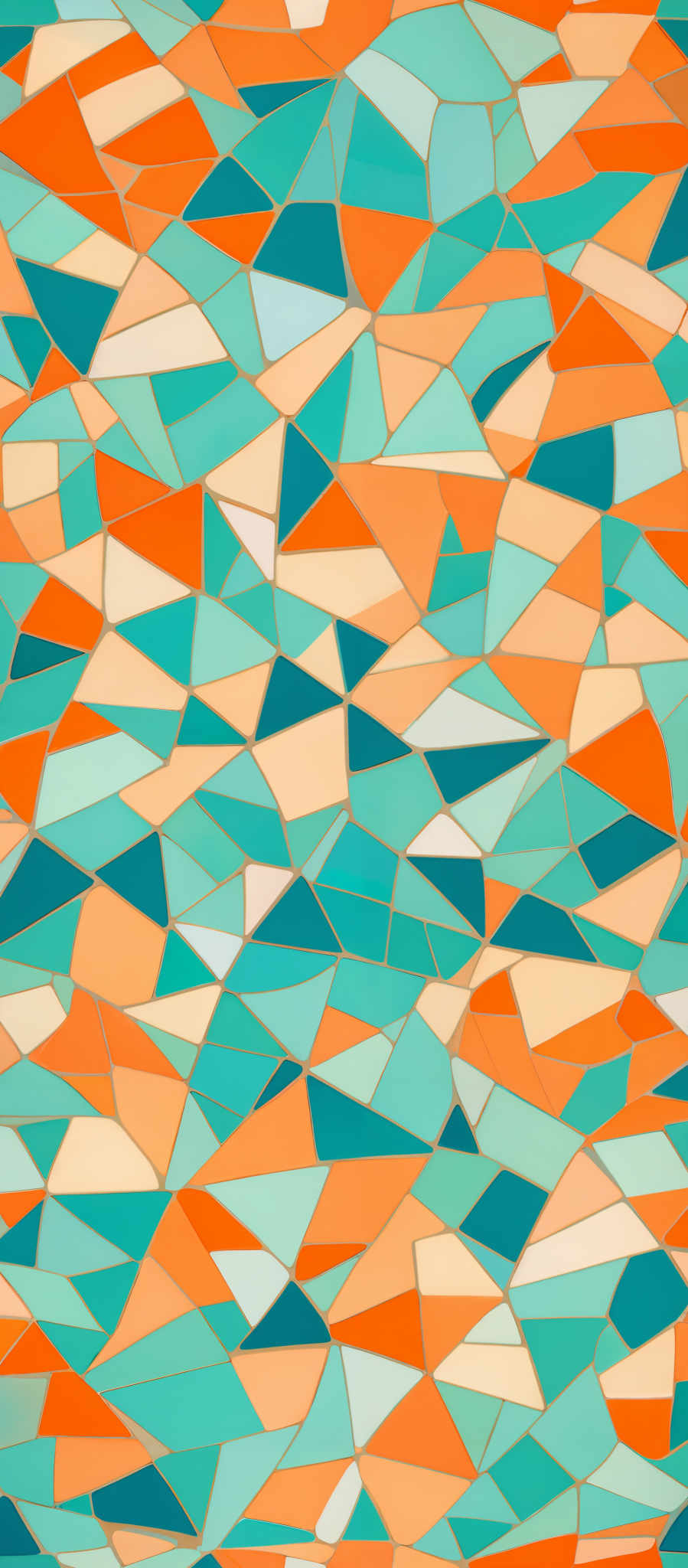 The image showcases a mosaic pattern made up of various triangular shapes. These triangles come in a variety of colors including shades of blue, orange, and white. The pattern is intricate, with each triangle having a unique color and shading, creating a visually appealing and dynamic design.