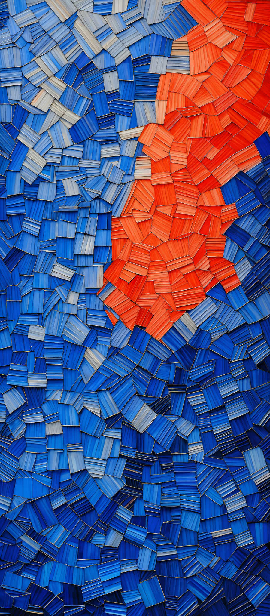 The image showcases a mosaic of interlocking rectangular tiles. The tiles are arranged in a pattern that forms a larger image. The predominant colors are shades of blue and orange. The blue tiles have varying shades, from light to dark, creating a sense of depth and dimension. The orange tiles, on the other hand, are more uniform in color, providing a striking contrast to the blue. The overall effect is a visually captivating interplay of colors and shapes.