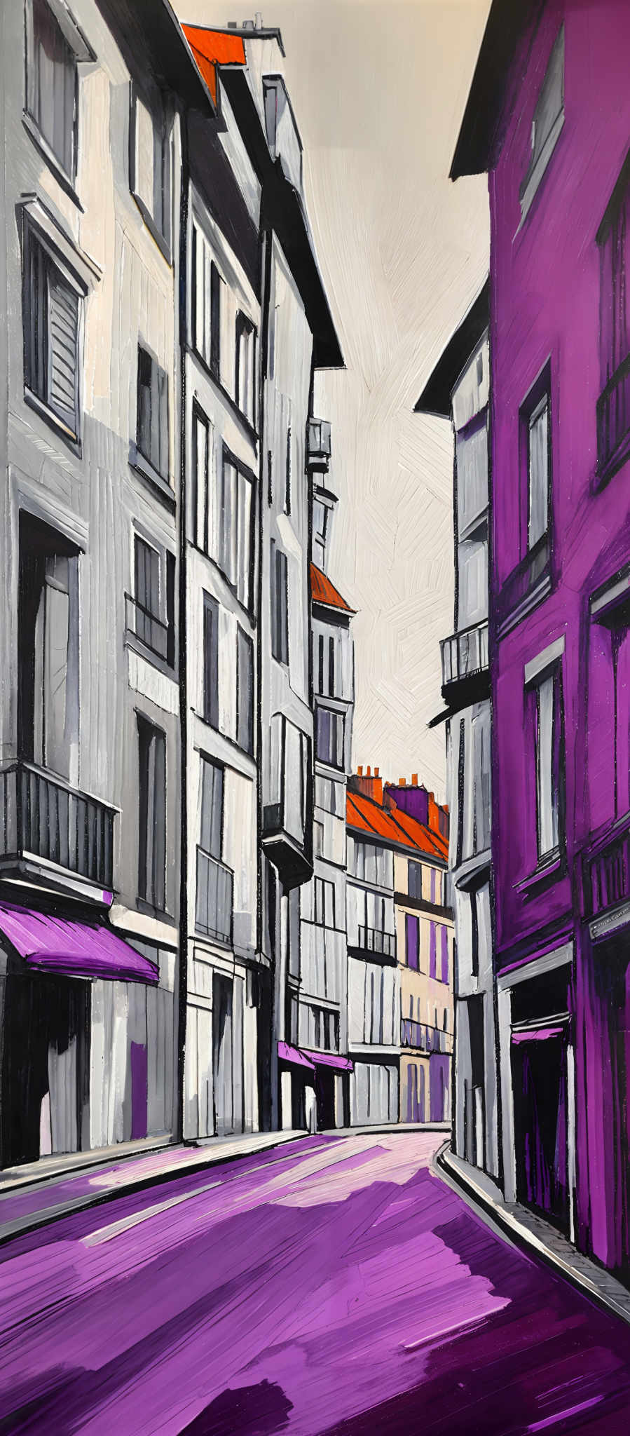 The image showcases a vibrant urban street scene. The dominant colors are shades of purple, white, and gray. The buildings are tall and narrow, with multiple windows and balconies. The street is painted in a deep purple hue, contrasting with the lighter shades used for the buildings. The sky is depicted in light gray, suggesting an overcast day. The overall style of the painting is expressive, with bold brush strokes and a slightly abstract representation of the urban environment.