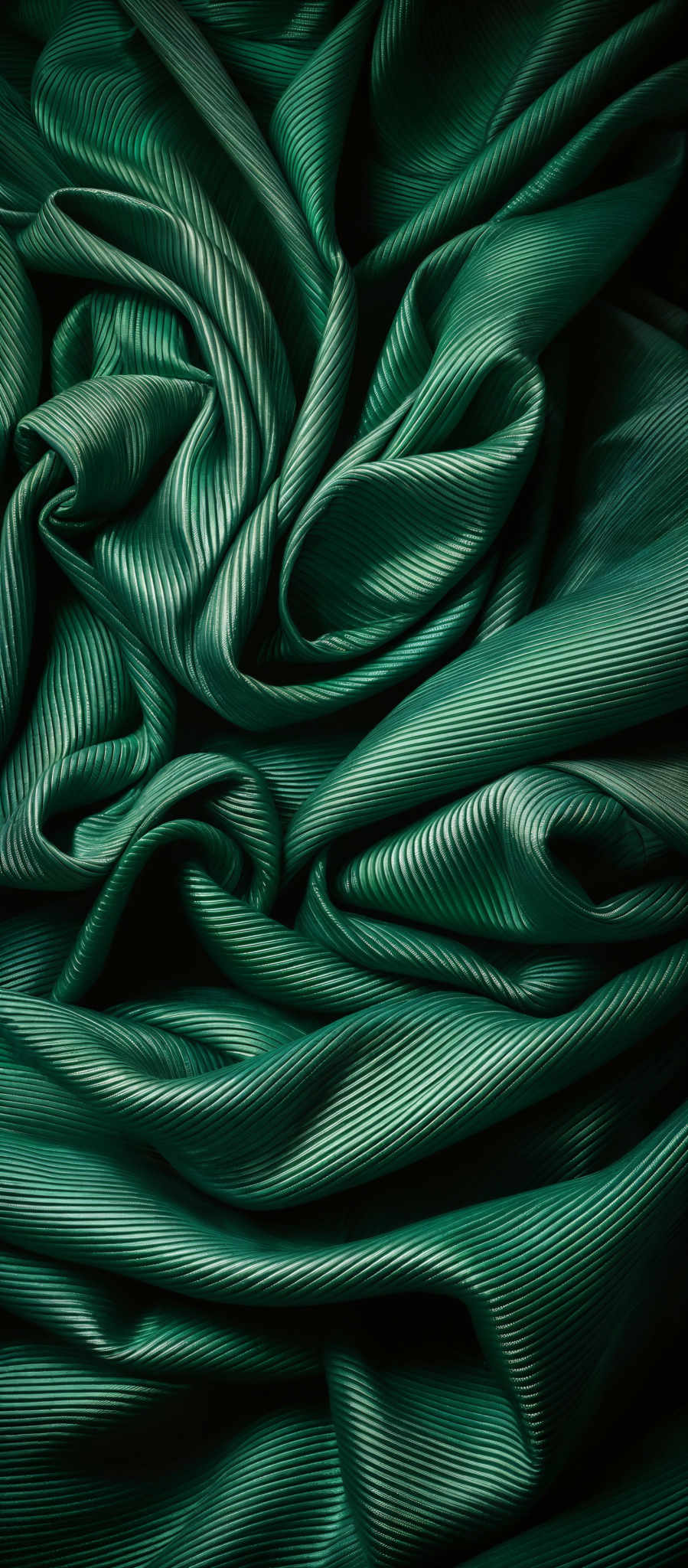 The image showcases a pleated fabric in a deep shade of green. The fabric displays intricate pleats and folds, creating a rich texture. The pleats are uniformly ribbed, giving the fabric a structured and elegant appearance. The overall shape is a collection of intertwined folds and waves, creating an almost fluid-like pattern.