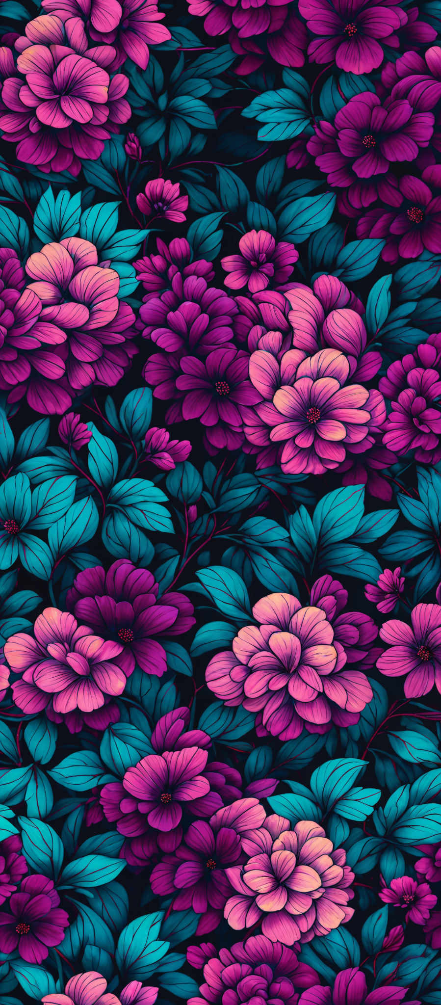 The image showcases a vibrant and intricate floral pattern. The dominant colors are shades of pink, purple, and teal. The flowers are large, with multiple petals, and they come in varying shades from deep purple to light pink. The leaves are teal with a slightly darker shade towards the edges, giving them a three-dimensional appearance. The overall design is dense, making the flowers and leaves appear closely packed, creating a rich and lush visual effect.