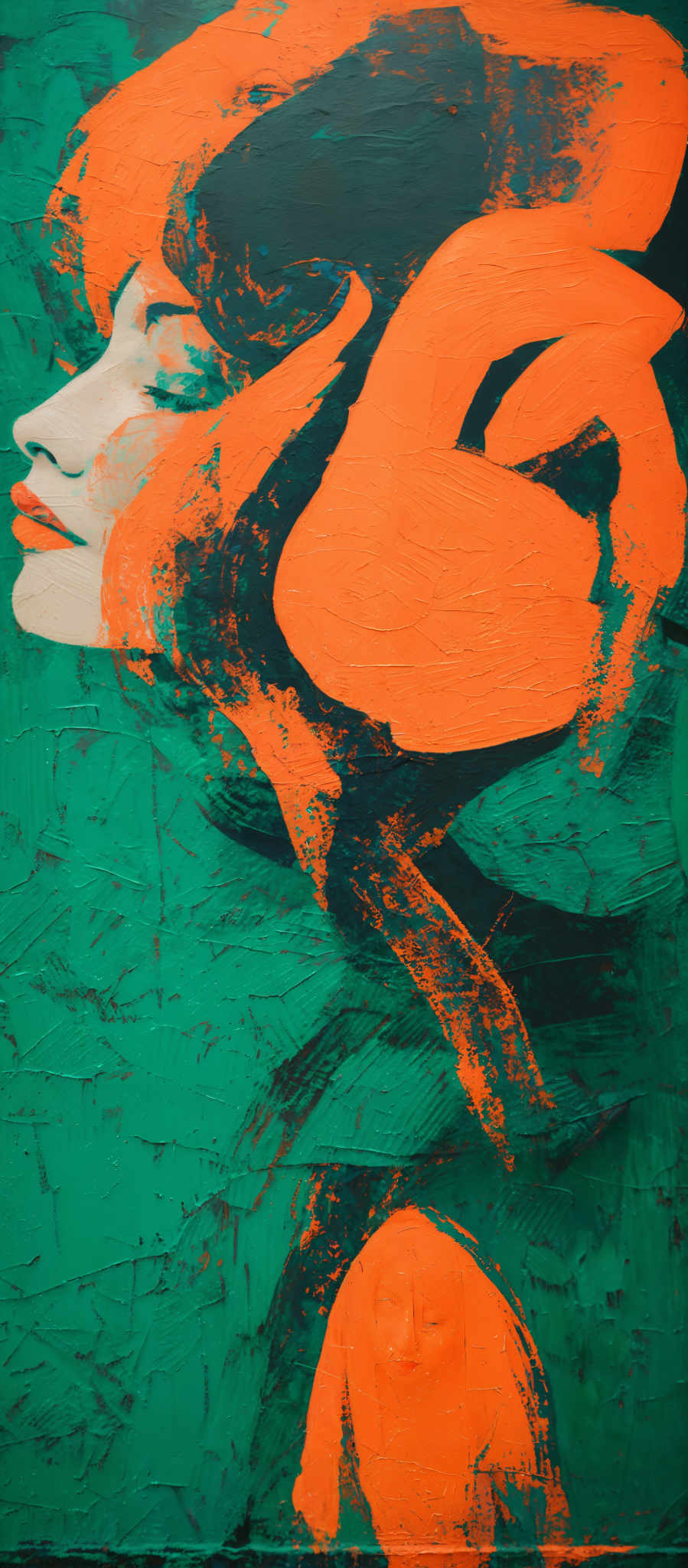 The image predominantly features vibrant shades of green and orange. The green background has a textured appearance, resembling a canvas with visible brush strokes. Overlaying this is a large, abstract orange shape that seems to be a stylized representation of a face, with prominent features like eyes and lips. The face is painted in white, contrasting sharply with the orange background. The overall artwork exudes a sense of modern abstract expressionism.