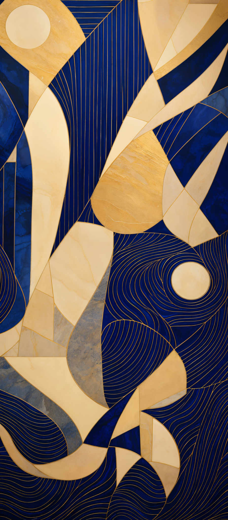 The image showcases an abstract artwork with a predominant use of blue and gold colors. The shapes are curvilinear and geometric, with overlapping patterns and lines. The blue forms the background, while the gold is used to highlight certain areas, creating a contrast. The artwork seems to be a blend of organic and structured forms, evoking a sense of movement and depth.