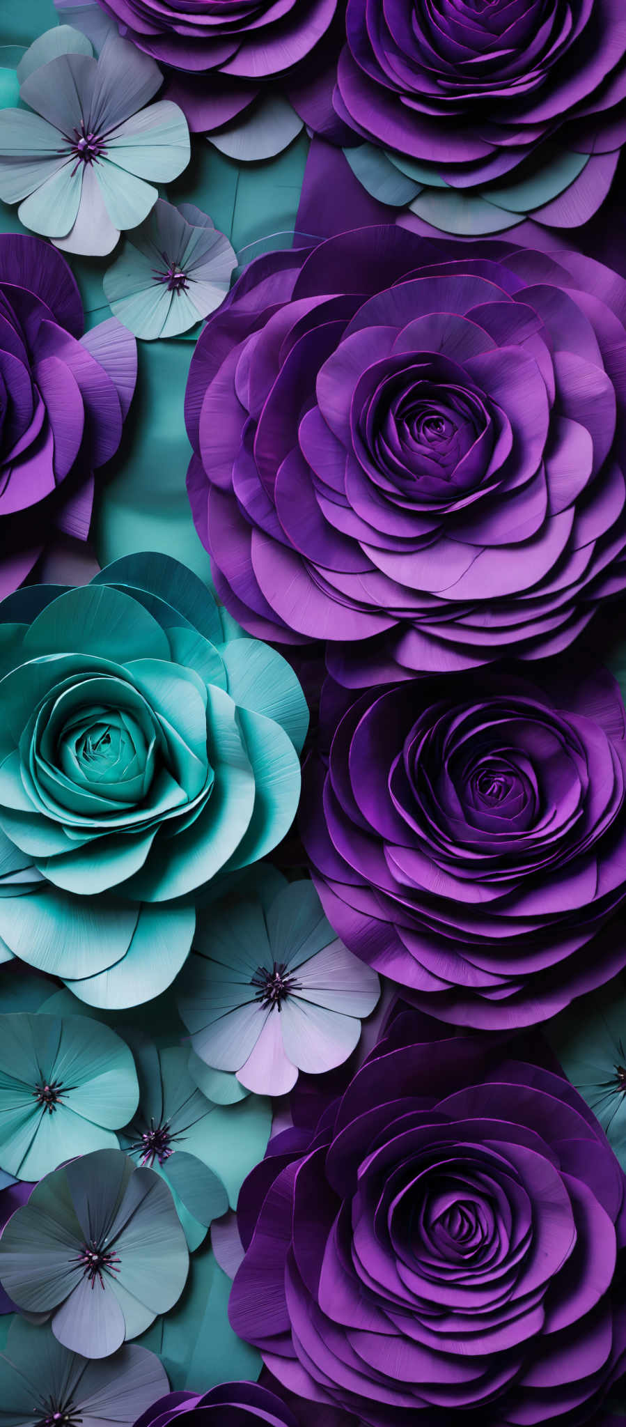 The image showcases a collection of intricately crafted flowers. The predominant colors are shades of purple and teal. The flowers have a layered, spiral-like structure, with the center being a tight coil and the outer layers expanding outwards in a graceful curve. The teal flower stands out prominently amidst the purple ones, and both have a glittery center that adds a touch of sparkle.