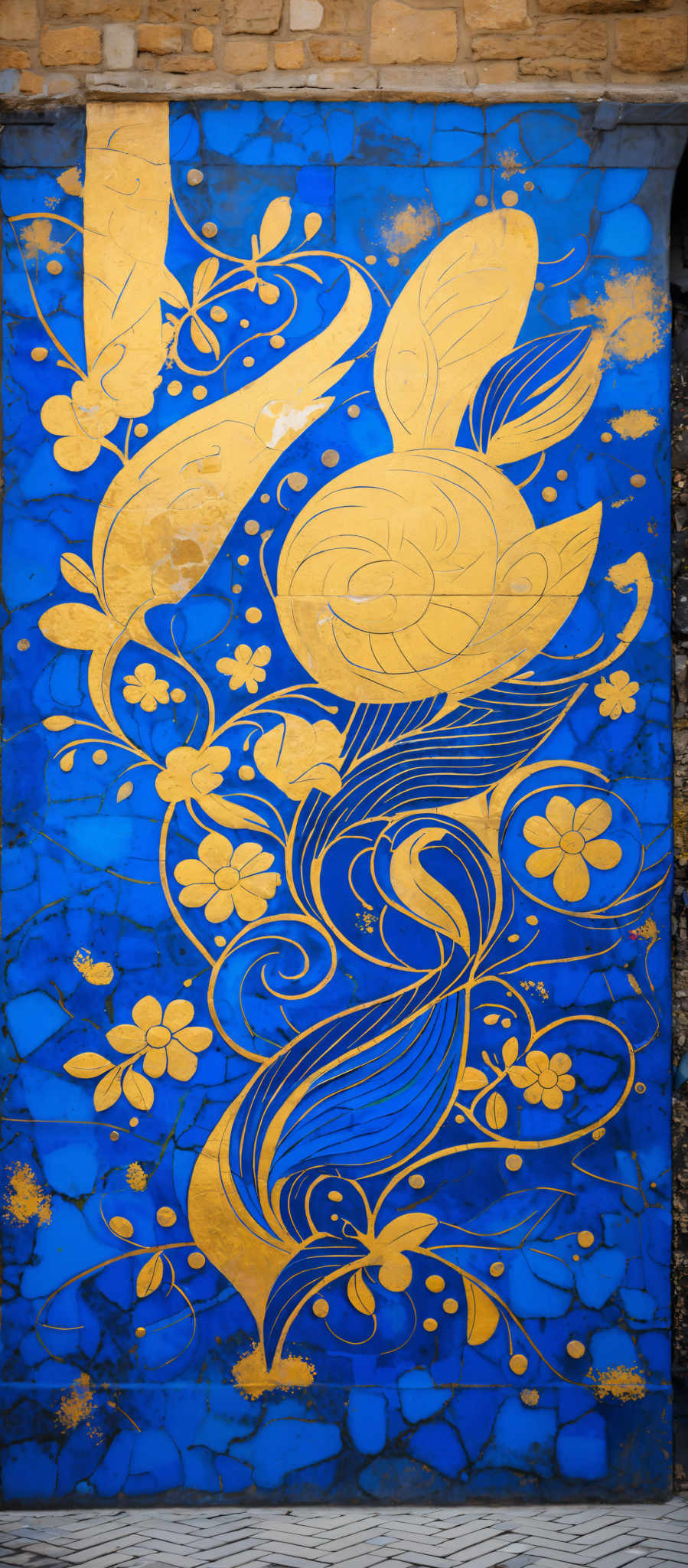 The image showcases a vibrant blue background with intricate golden patterns. The patterns include swirling designs, flowers, and abstract shapes. The golden designs are set against a cracked blue background, giving it an aged appearance.