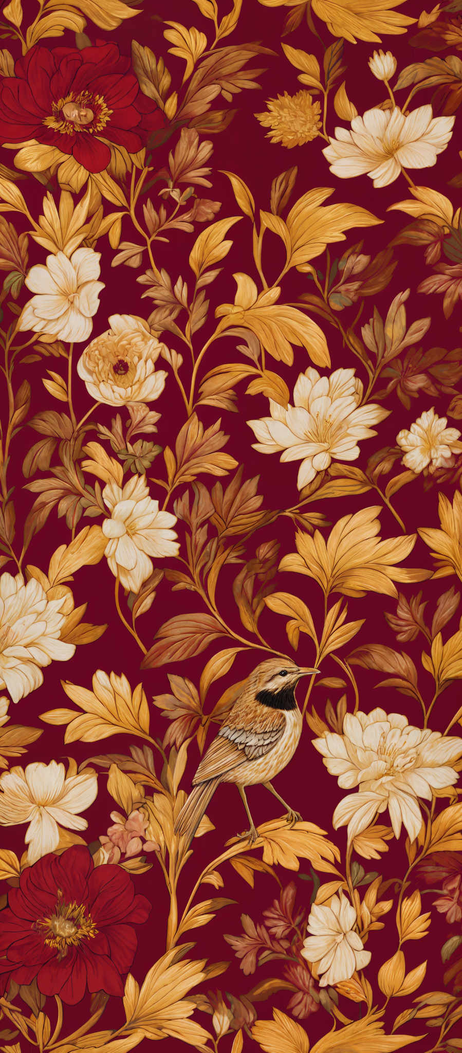 The image showcases a rich, vibrant pattern with a deep red background. The pattern is dominated by intricately detailed floral designs, featuring flowers in varying shades of white, beige, and red. The leaves are depicted in golden-yellow hues, intertwined with the flowers. There's also a bird, possibly a thrush, perched on one of the branches, showcasing detailed feather patterns in shades from brown to white.