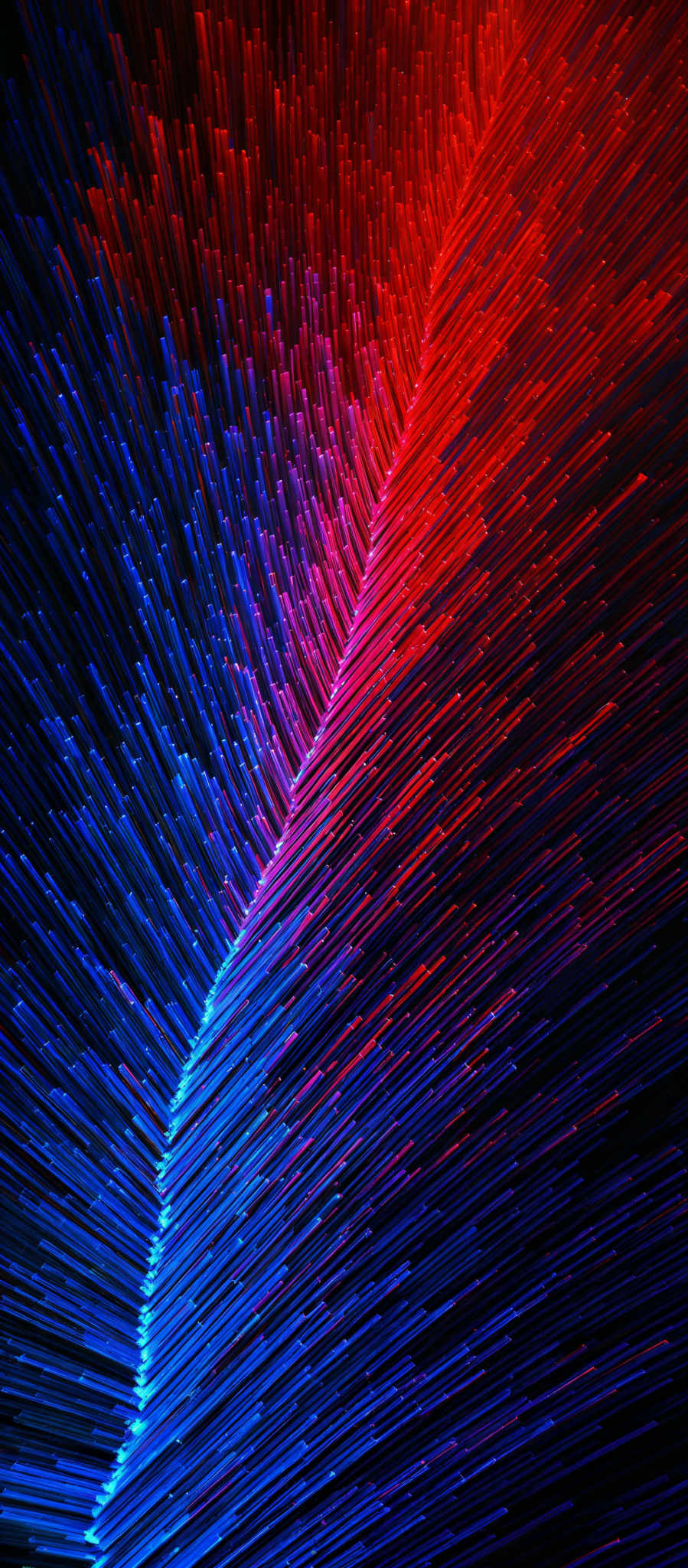 The image showcases a vibrant and dynamic visual representation. It features a spectrum of colors ranging from deep blues to fiery reds, creating a gradient effect. The shape is reminiscent of a radial or concentric pattern, with lines emanating outwards from a central point, converging at the top. The overall effect gives an impression of movement, energy, and depth.