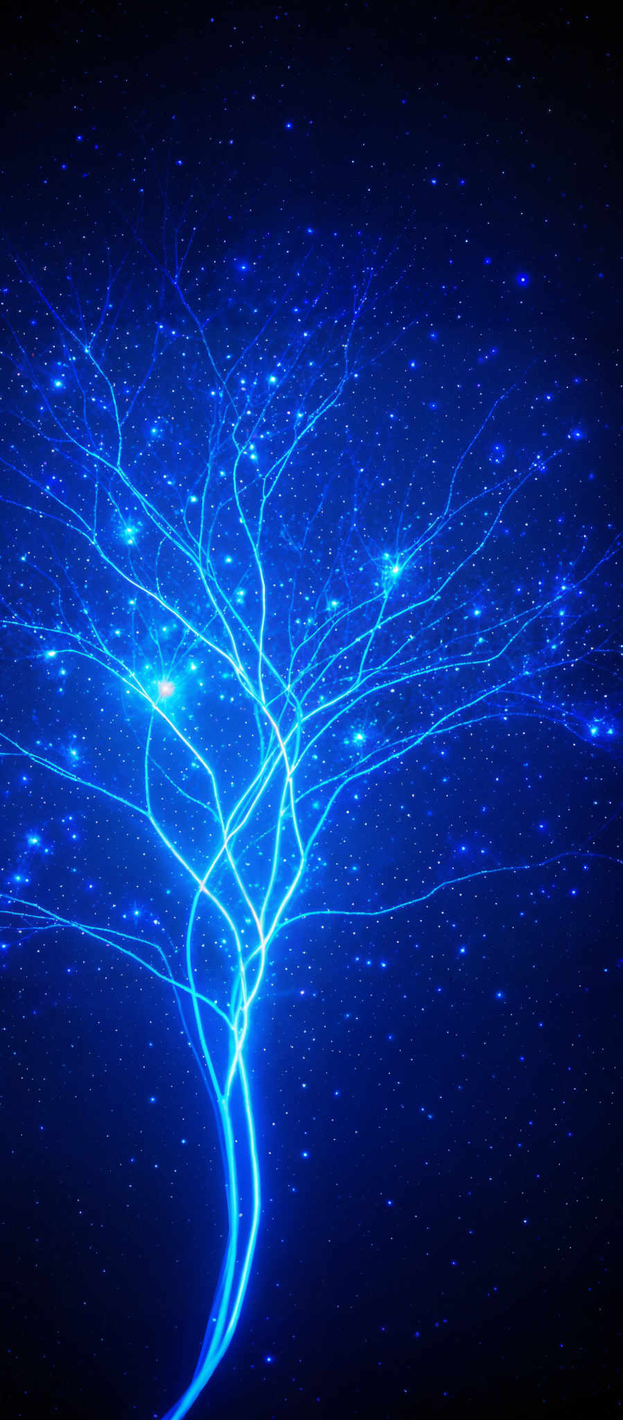 The image showcases a vibrant blue and dark background. At the center, there's a luminous, intricate tree-like structure made of bright blue lines and tendrils. The tree branches out, forming a complex network of lines against the dark backdrop. The overall appearance is reminiscent of a cosmic or ethereal tree, with the branches and tendril-like structures resembling tendrills reaching out into the space filled with tiny, glowing dots, possibly representing stars or distant galaxies.