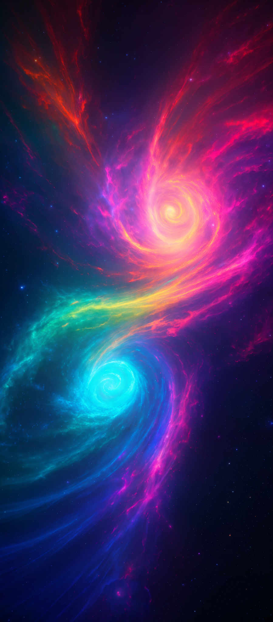 The image showcases a vibrant and mesmerizing cosmic scene. It features swirling galaxies with vivid colors ranging from deep blues to fiery reds and oranges. The swirls and patterns in the galaxies resemble whirlpools or vortexes, suggesting the dynamic movement of celestial bodies. The background is filled with a deep black, punctuated with distant stars, adding to the sense of vastness and mystery of space.