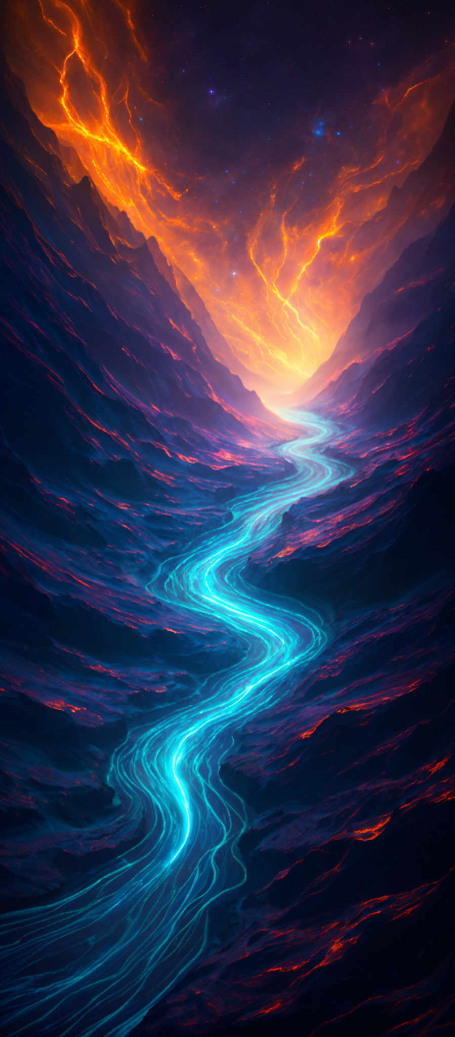 The image showcases a vibrant and dramatic landscape. The dominant colors are fiery oranges and deep purples, creating a contrast between warmth and coolness. The shape is winding, resembling a river or pathway that meanders through a valley. The landscape is filled with textured patterns, possibly representing mountains or rocky terrain. Above, there's a celestial scene with stars and a radiant glow, suggesting either a sunset or sunrise.