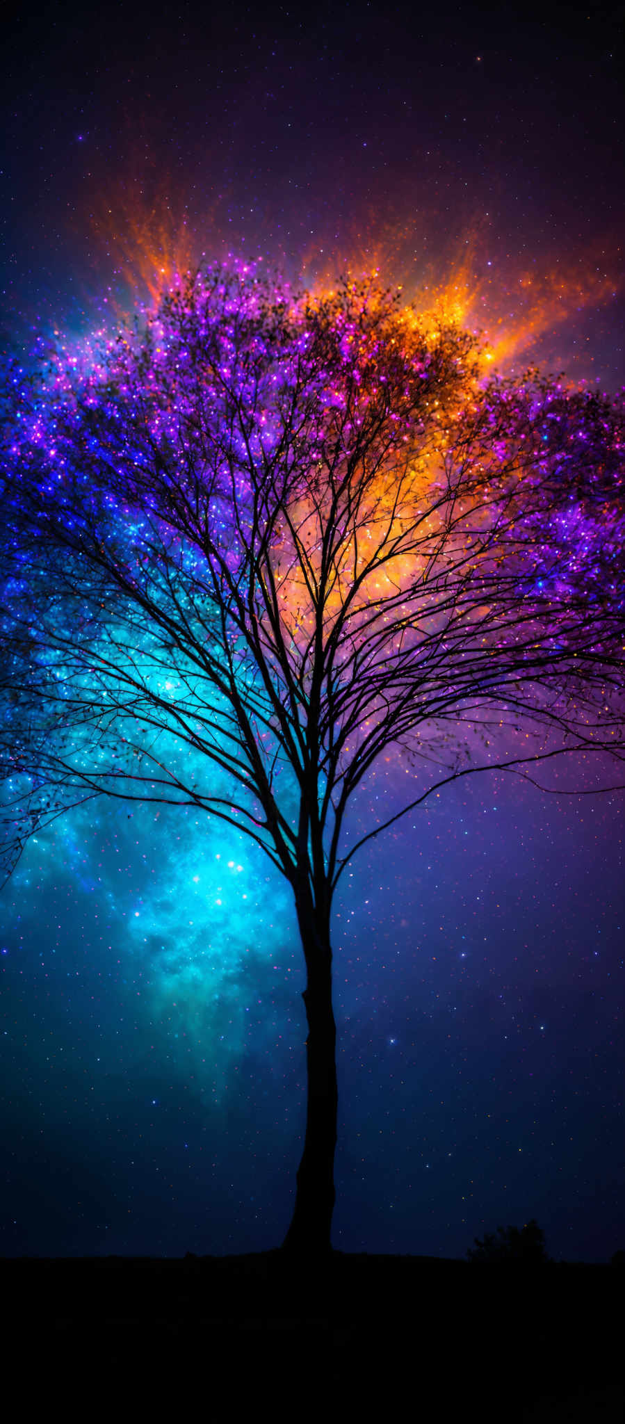 The image showcases a silhouette of a tree set against a vibrant cosmic background. The tree has a tall and slender trunk, with its branches spreading outwards. The leaves of the tree are illuminated with a myriad of colors, including shades of blue, purple, pink, and orange. The background is a breathtaking display of a galaxy or nebula, with swirling patterns of blue and purple. There are also numerous stars scattered throughout the image, adding to the cosmic feel.