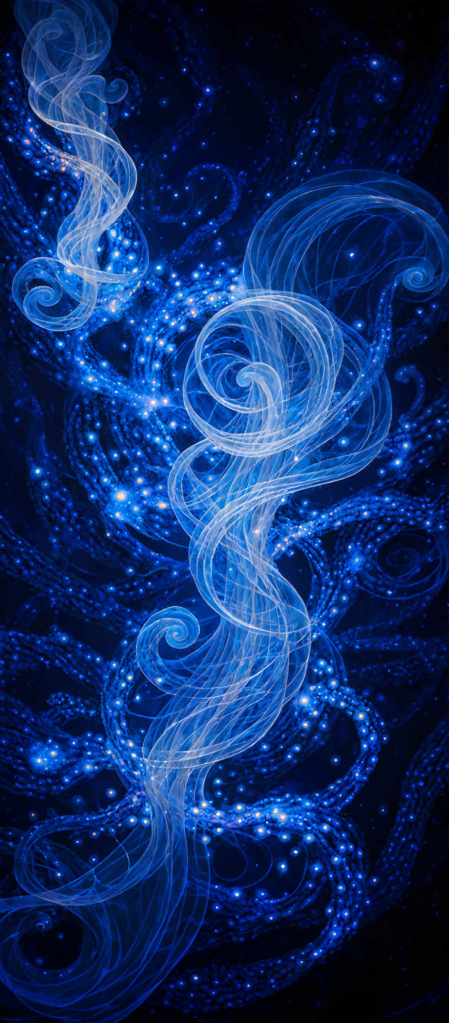 The image predominantly features shades of blue, ranging from deep navy to lighter hues. The shapes are intricate and fluid, resembling swirling patterns and tendrils. These patterns seem to be intertwined, creating a mesmerizing dance of lights and shadows. The background is dotted with bright, glowing dots, possibly representing stars or other celestial bodies, adding depth and dimension to the overall composition.