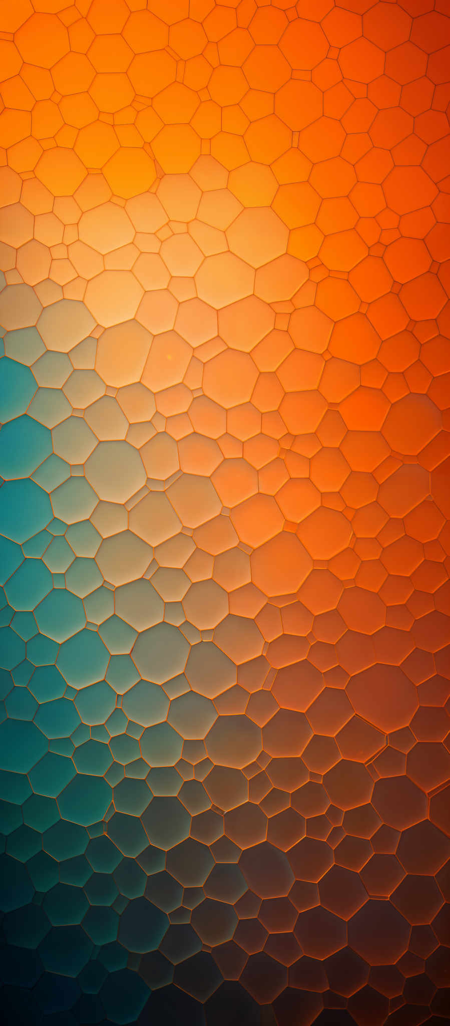 The image showcases a series of hexagonal shapes that transition in color from a deep blue at the top to a fiery orange at the bottom. The hexagons are interconnected, forming a mosaic-like pattern. The transition in colors creates a gradient effect, giving the image a dynamic and vibrant appearance.