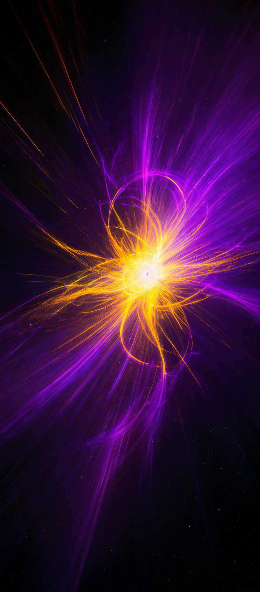 The image showcases a vibrant display of colors, predominantly shades of purple, orange, and yellow. The central part of the image features a bright, fiery explosion or burst of light, emanating outward in intricate patterns. These patterns resemble swirling tendrils or streams of energy, radiating outwards in all directions. The background is dark, possibly representing space, with tiny specks that could be interpreted as distant stars or other celestial bodies.