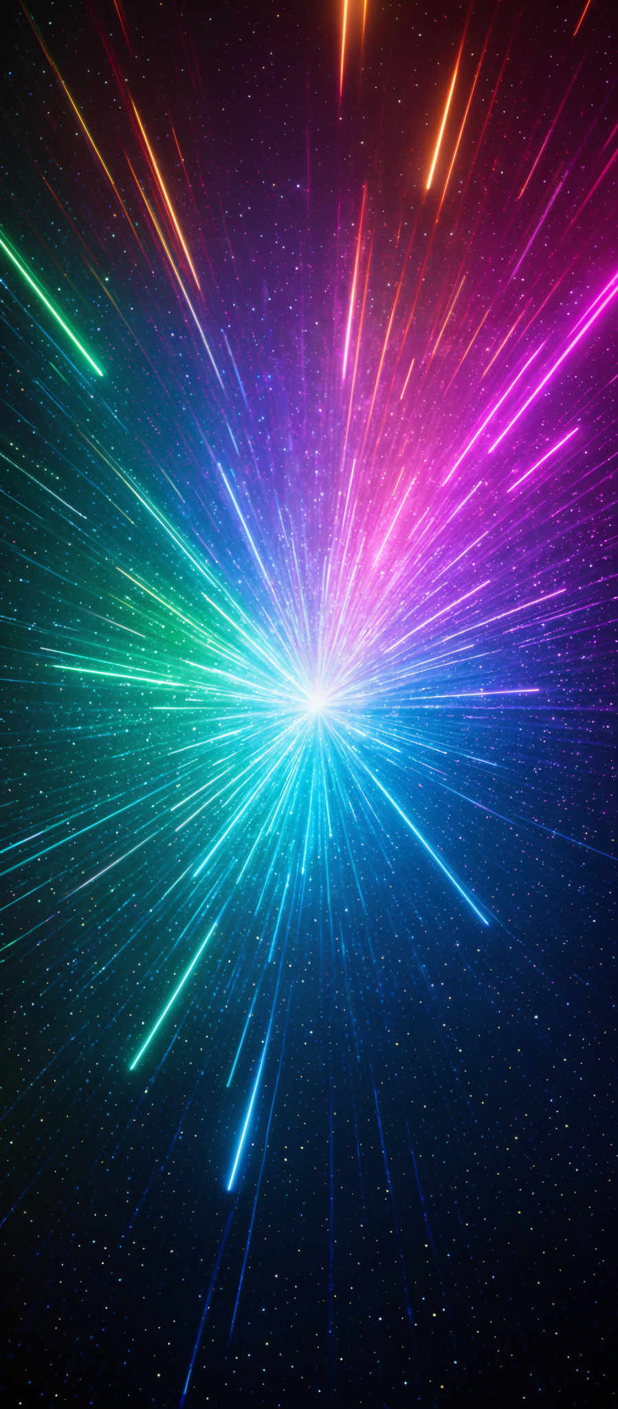 The image showcases a vibrant and dynamic explosion of colors, primarily consisting of hues of blue, pink, green, and orange. The central point of the image radiates a bright blue light, which is surrounded by streaks of these colors, emanating outwards in all directions. The background is dark, dotted with numerous tiny white specks, resembling stars or distant galaxies, adding depth and dimension to the scene.