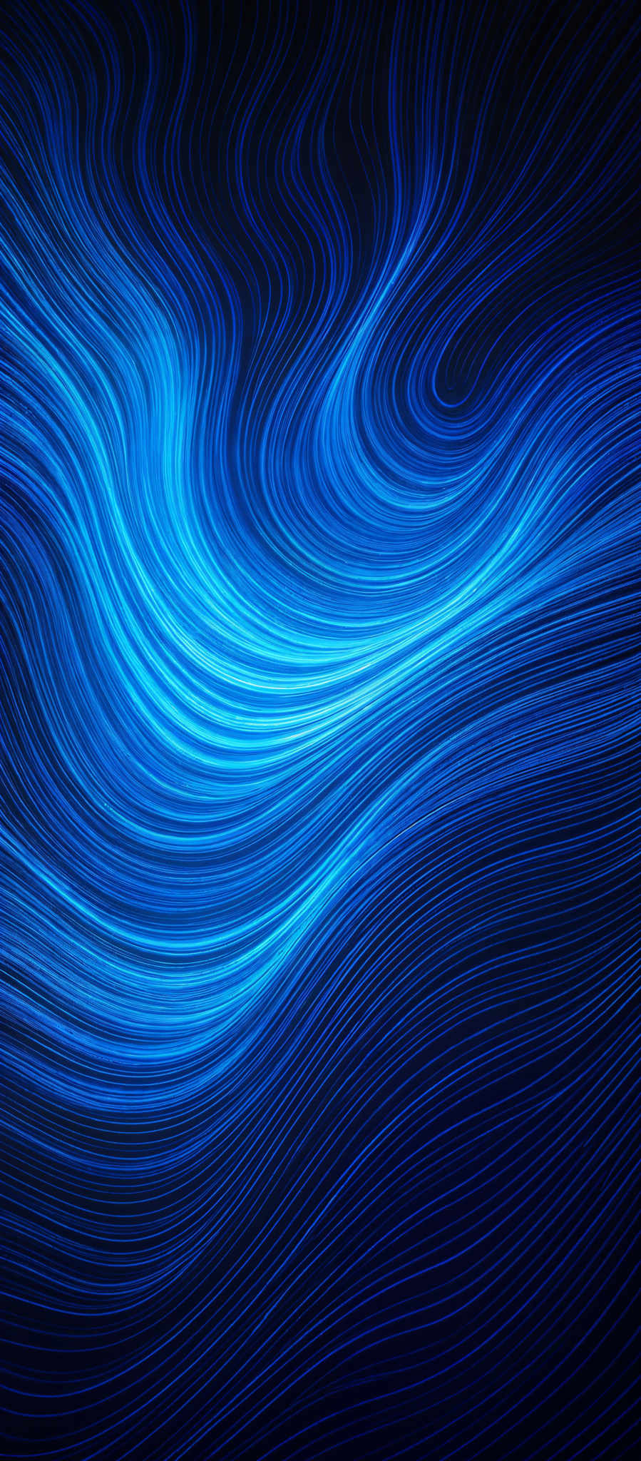 The image showcases a vibrant and dynamic flow of blue lines. These lines vary in thickness and curvature, creating a swirling pattern that gives the impression of fluid movement. The predominant color is a deep shade of blue, which gradually transitions to a lighter hue as it moves towards the center. The overall effect is reminiscent of flowing water or a turbulent sea, with the lines capturing the essence of movement and energy.