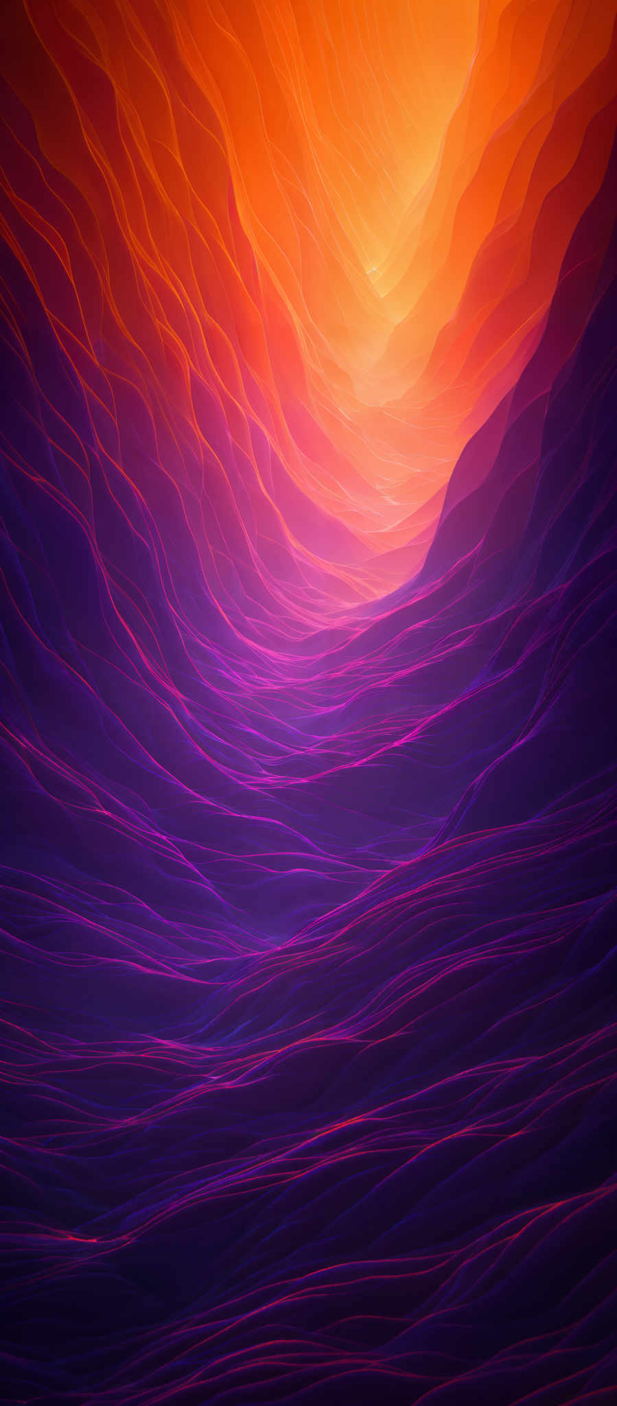 The image showcases a vibrant and mesmerizing pattern of wavy lines that transition from a deep purple to a fiery orange. The wavy patterns resemble flowing water or sand dunes, creating a sense of movement and depth. The colors are rich and contrasting, with the purple giving a senseof mystery and the orange exuding warmth and energy.