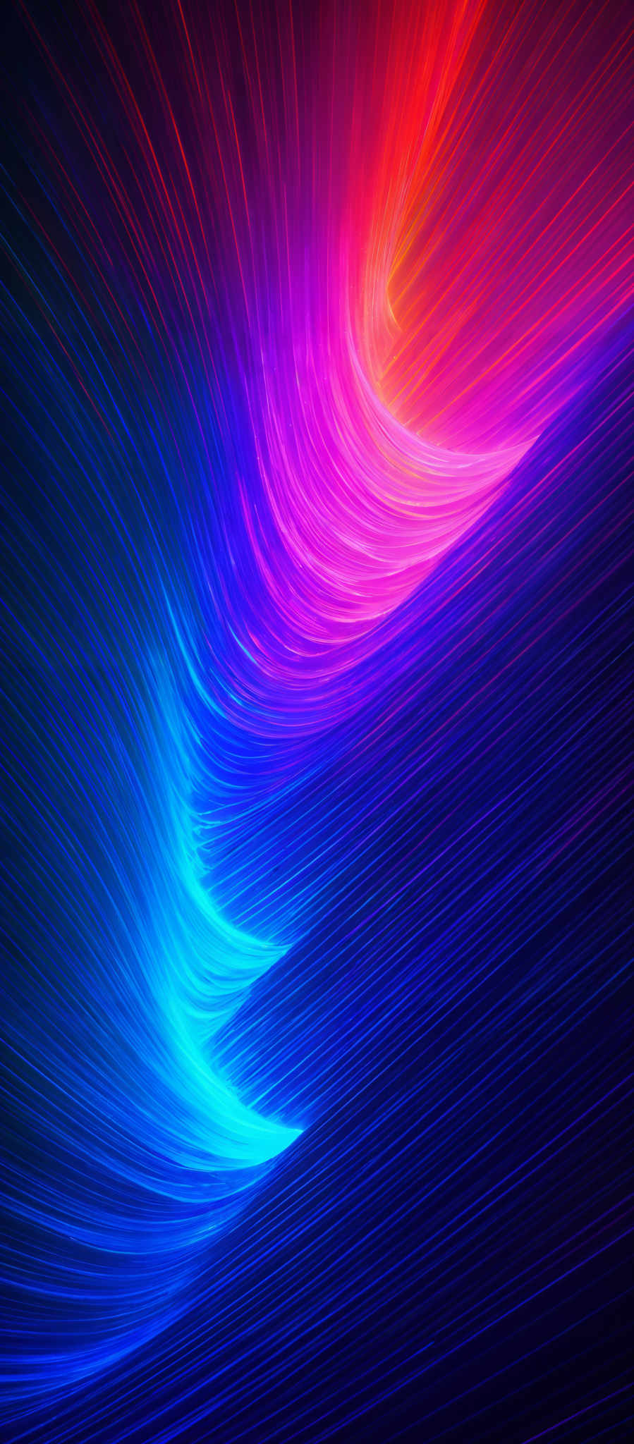 The image showcases a vibrant and dynamic visual of swirling lines of light. The colors range from deep blue at the top, transitioning to bright pink and then to a fiery red at the bottom. The lines appear to be flowing and curving, creating a sense of movement and energy. The overall shape resembles a spiral or vortex, drawing the viewer's eye inwards.