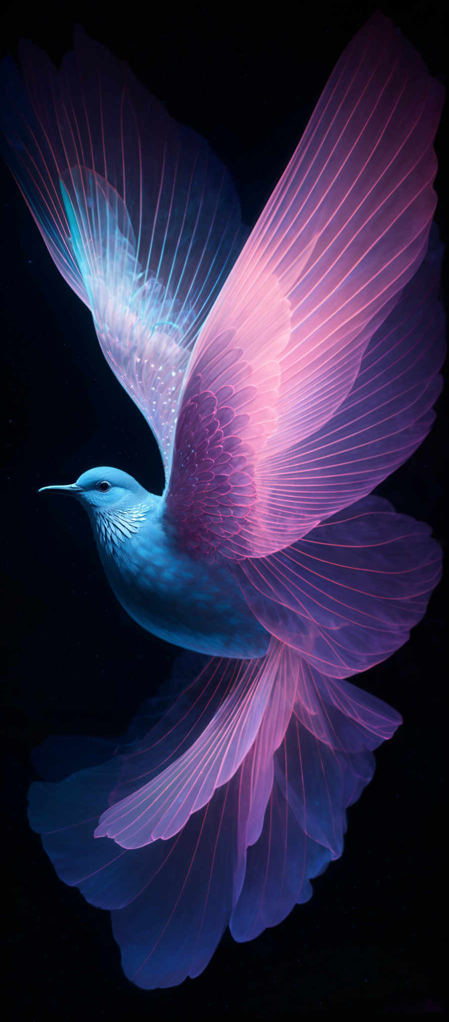 The image showcases a vibrant and ethereal bird in flight. The bird is predominantly blue, with its wings displaying a gradient of colors ranging from deep blue to pinkish-purple. The feathers are intricately detailed, with fine lines and patterns that give them a translucent appearance. The background is dark, possibly representing nighttime, with specks that could be interpreted as stars.